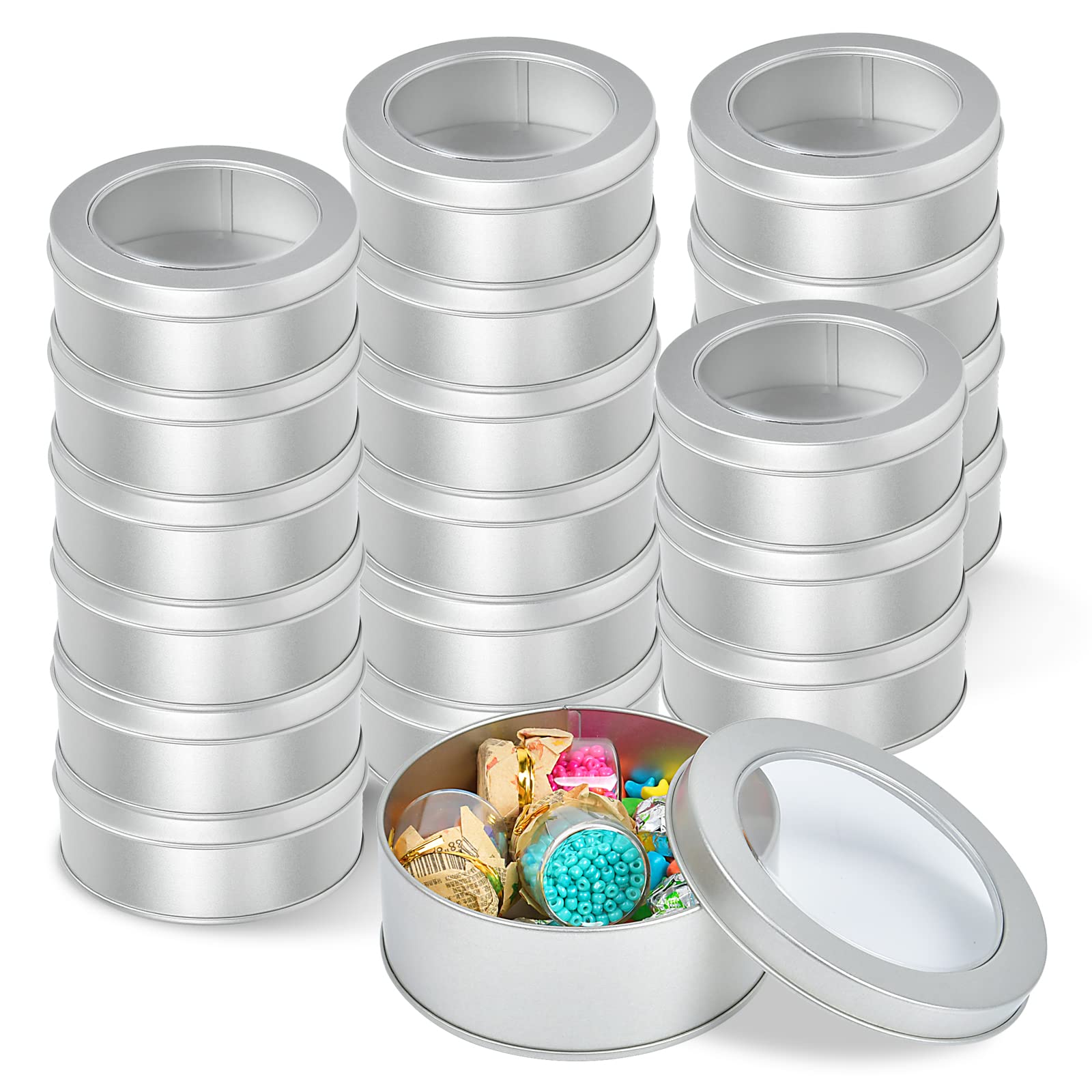 Milkary Metal Tin Cans, 20 Pack 6 Ounce Round Empty Containers, Metal Tins With Clear Lids For Kitchen Office Aromatherapy, Cand