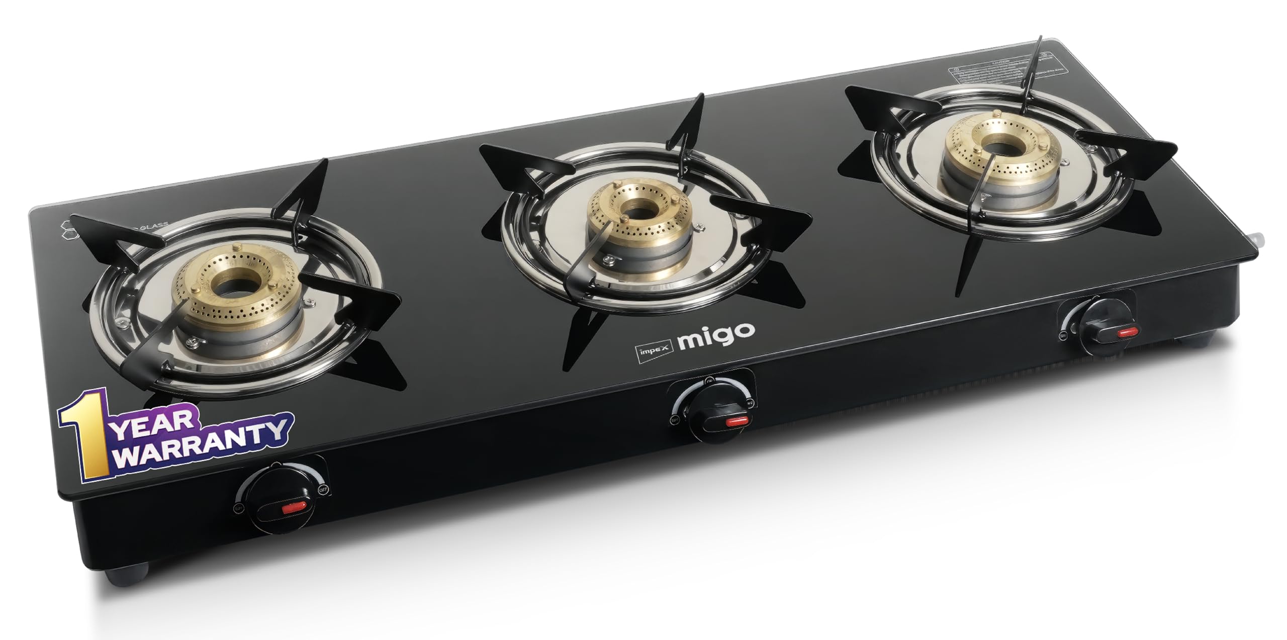 Impex 3 Burner Gas Stove 6 Mm Toughened Glass Top Manual Ignition Lpg Compatible Gas Stove For Kitchen | Isi Certified | 1 Year 