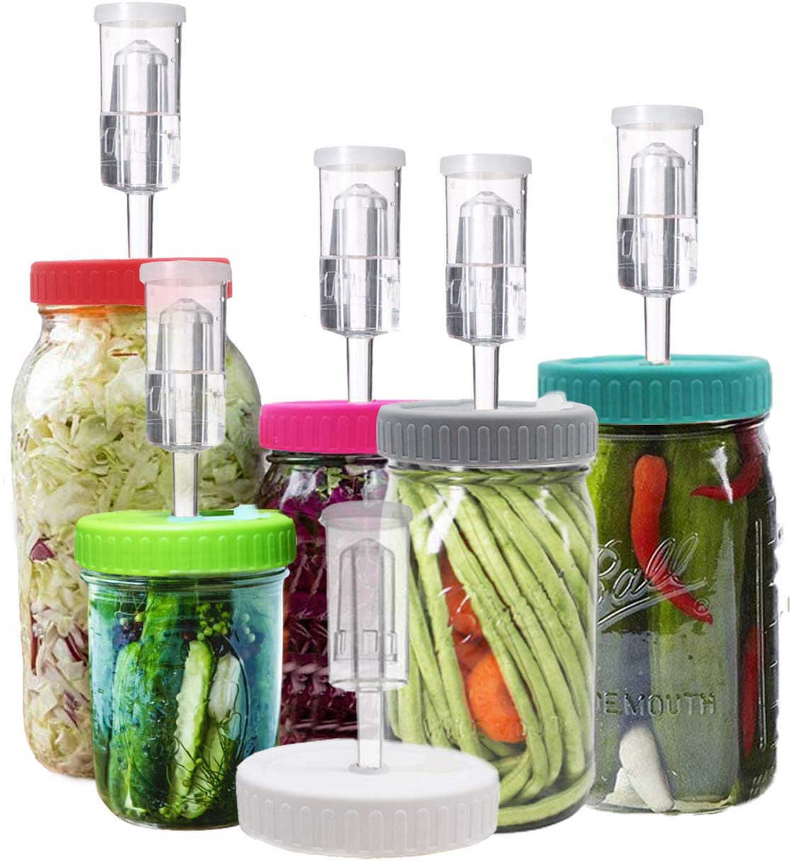 Fermentation Lids, Fermentation Kit for Wide Mouth Jars, 6 Set Plastic Fermenting Lids with 6 Airlocks, 6 Silicone Grommets, 6 S