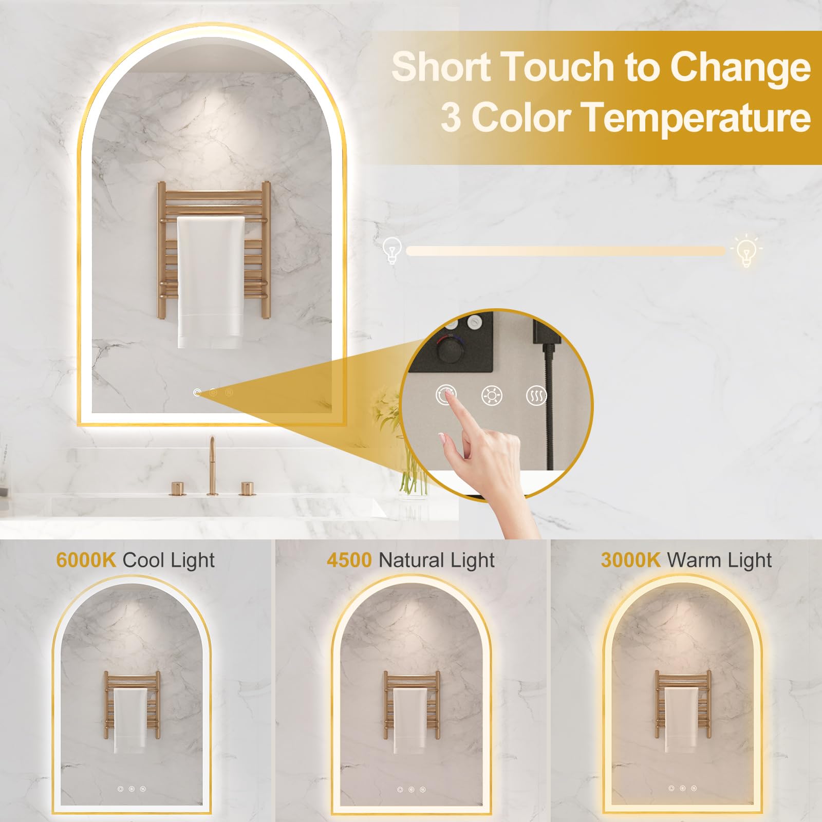 Oumusu Arched Led Bathroom Mirror 24''X36'' With Front And Backlight, Gold Bathroom Mirror With Lights-Anti-Fog, Dimmable-Led Mi