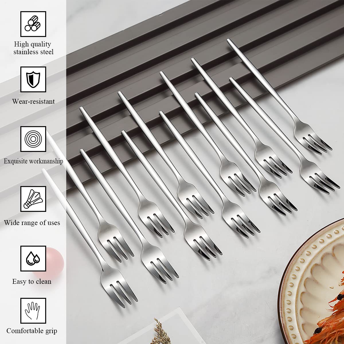 Evanda Dessert Forks Set of 12 Pack 6.3''/16.5cm  Stainless Steel Pastry Fork  Family Appetizer Fork for Fruit  Cake  Cheese  Party Trips  Cafes  Restaurants  Easy To Clean  Dishwasher Safe