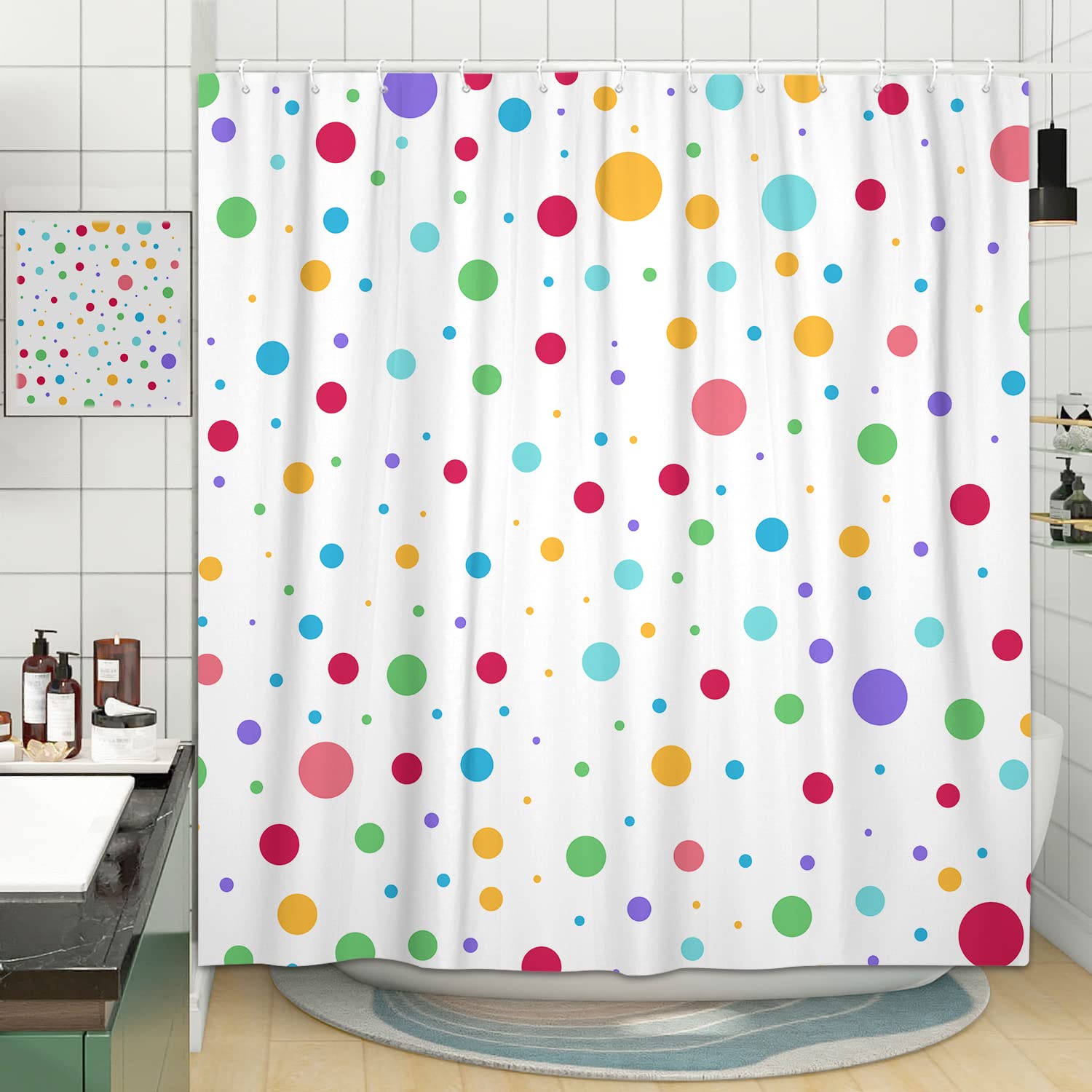 Kids Rainbow Shower Curtain For Bathroom, Colorful Geometric Cute Polka Dot Fabric Shower Curtains Set, White Modern Restroom De