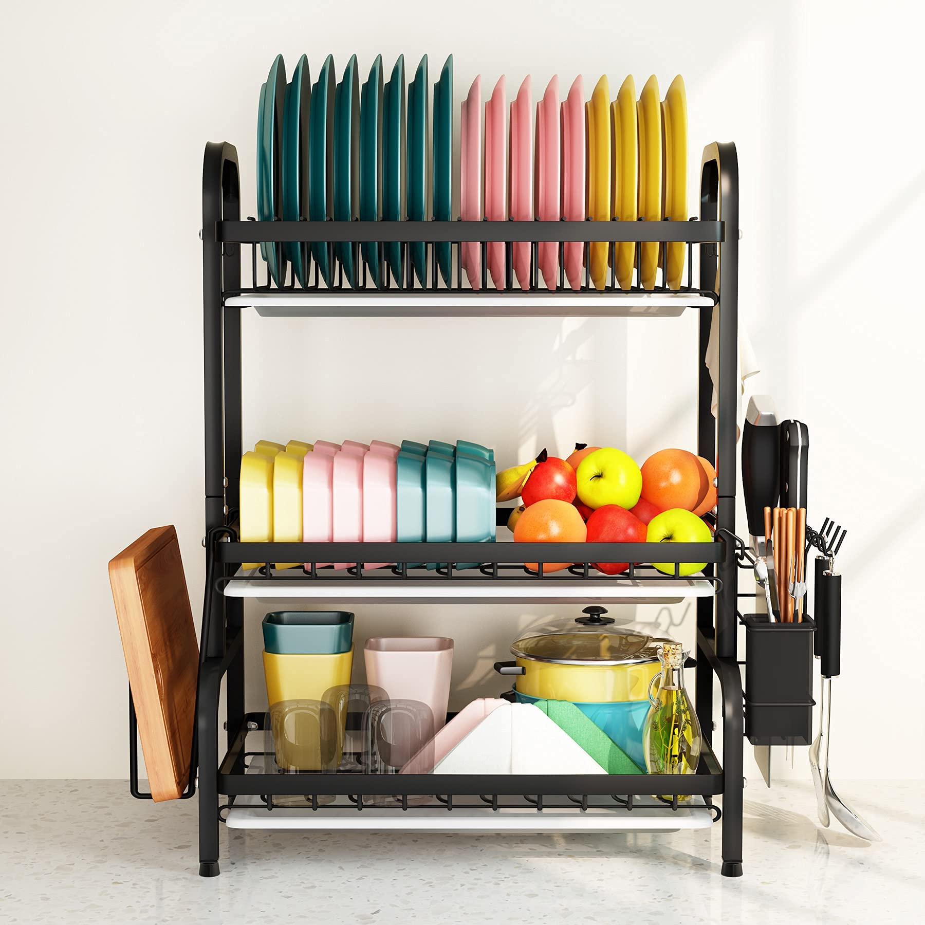 1Easylife Dish Drying Rack  3 Tier Dish Rack with Tray Utensil Holder  Large Capacity Dish Drainer with Cutting Board Holder Drain Board Tray for Kitchen Counter Organizer Storage (Black)