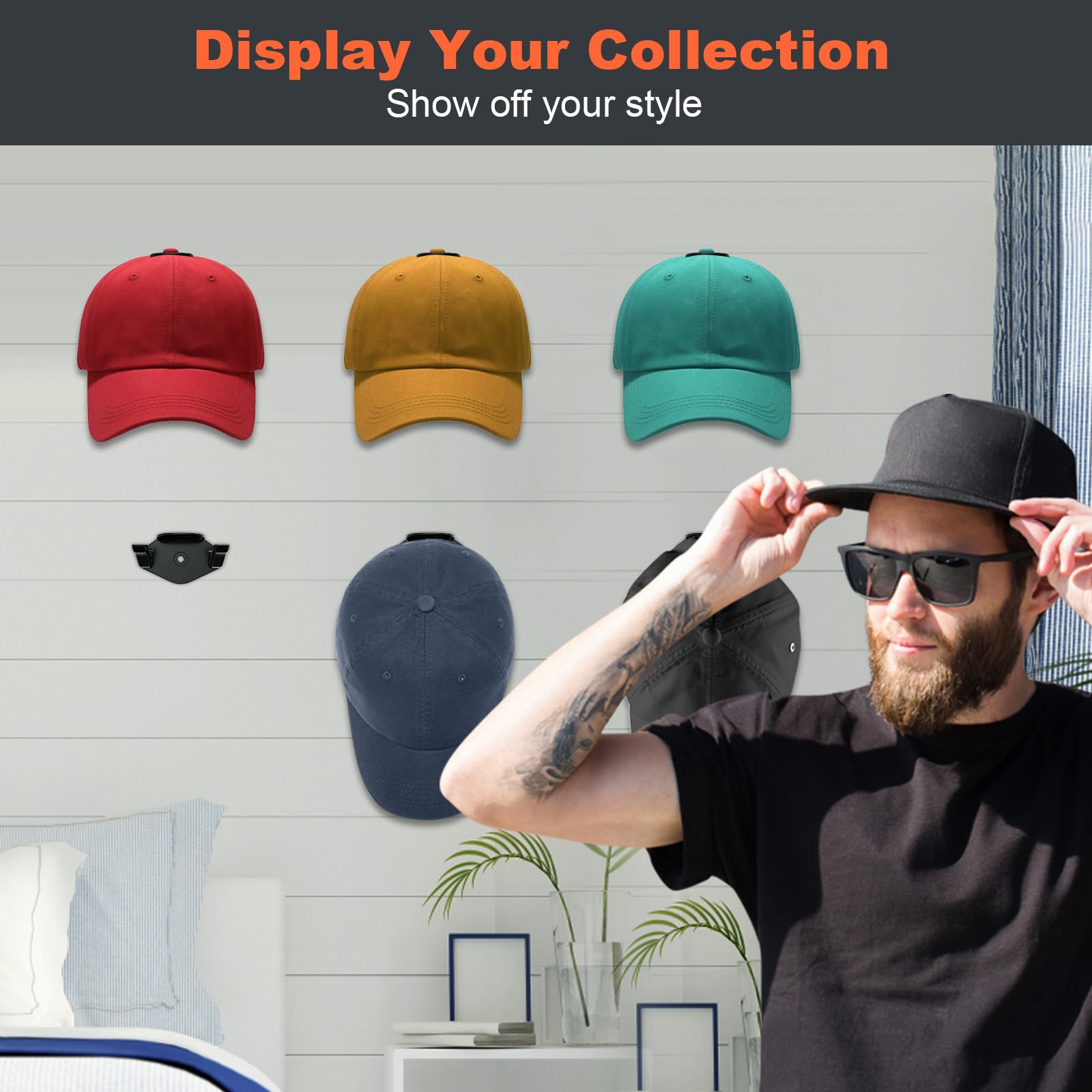 Kovspo Adhesive Hat Hooks For Wall (16-Pack), Hat Rack For Baseball Caps, Strong Hat Organizer, Minimalist Hat Display, Hat Hang
