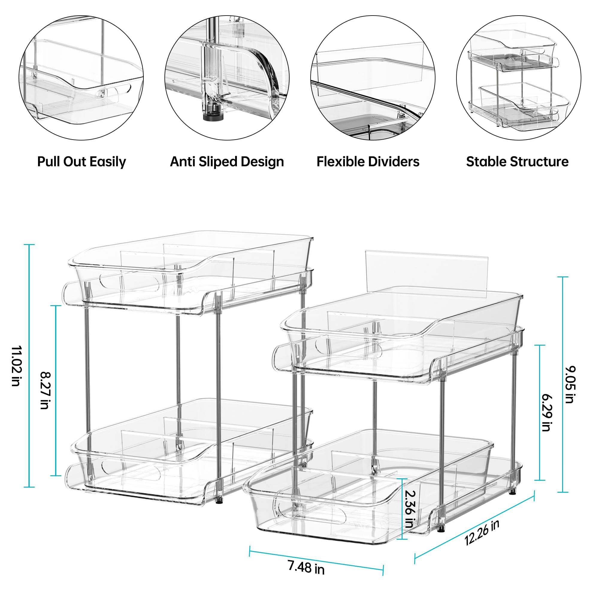 Delamu 2 Sets Of 2-Tier Clear Under Sink Organizers And Storage, Multi-Purpose Stackable Bathroom Cabinet Organizers, Pull Out K
