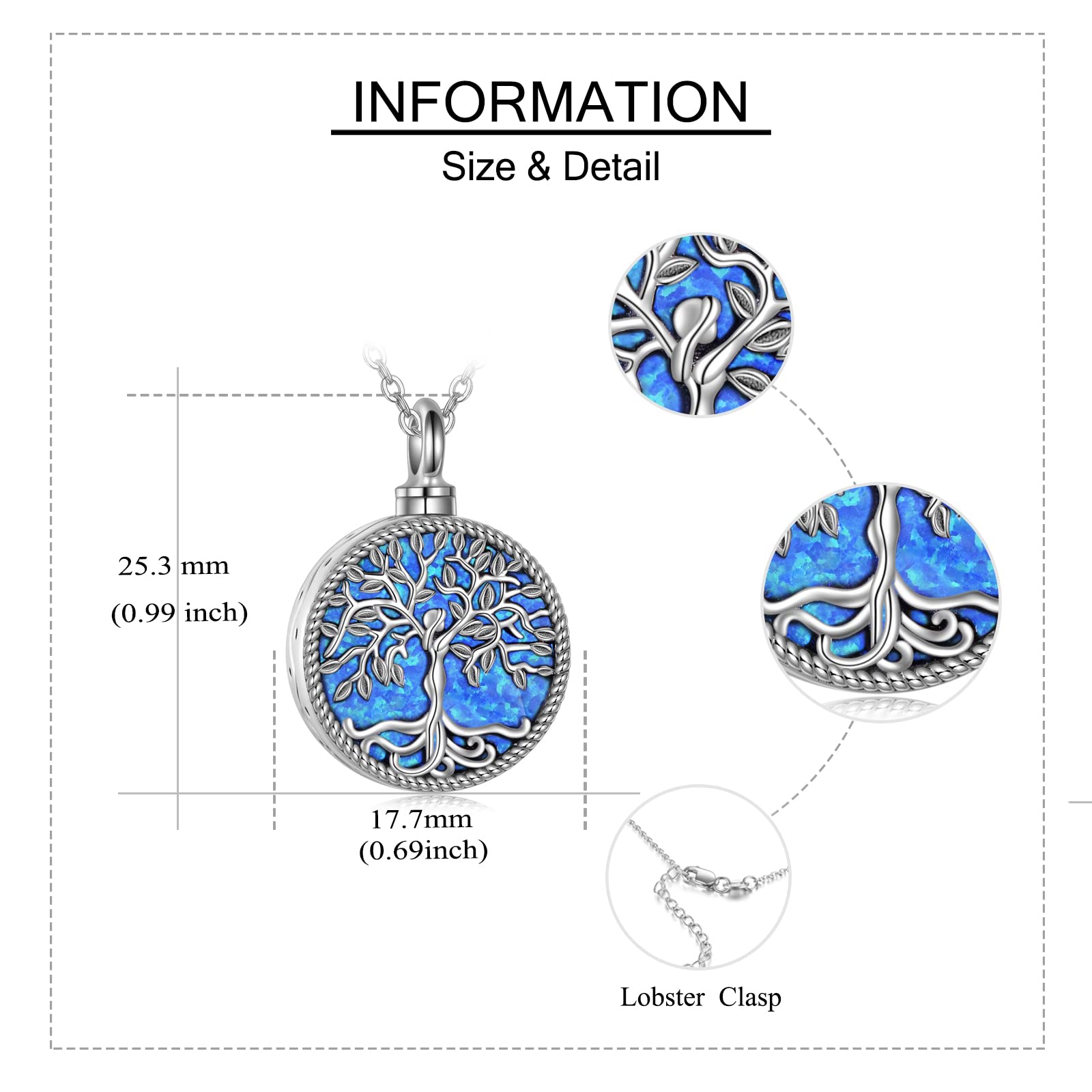 ONEFINITY Urn Necklace for Ashes Sterling Silver Tree of Life Cremation Jewelry for Ashes Blue Opal Memory Jewelry for Women