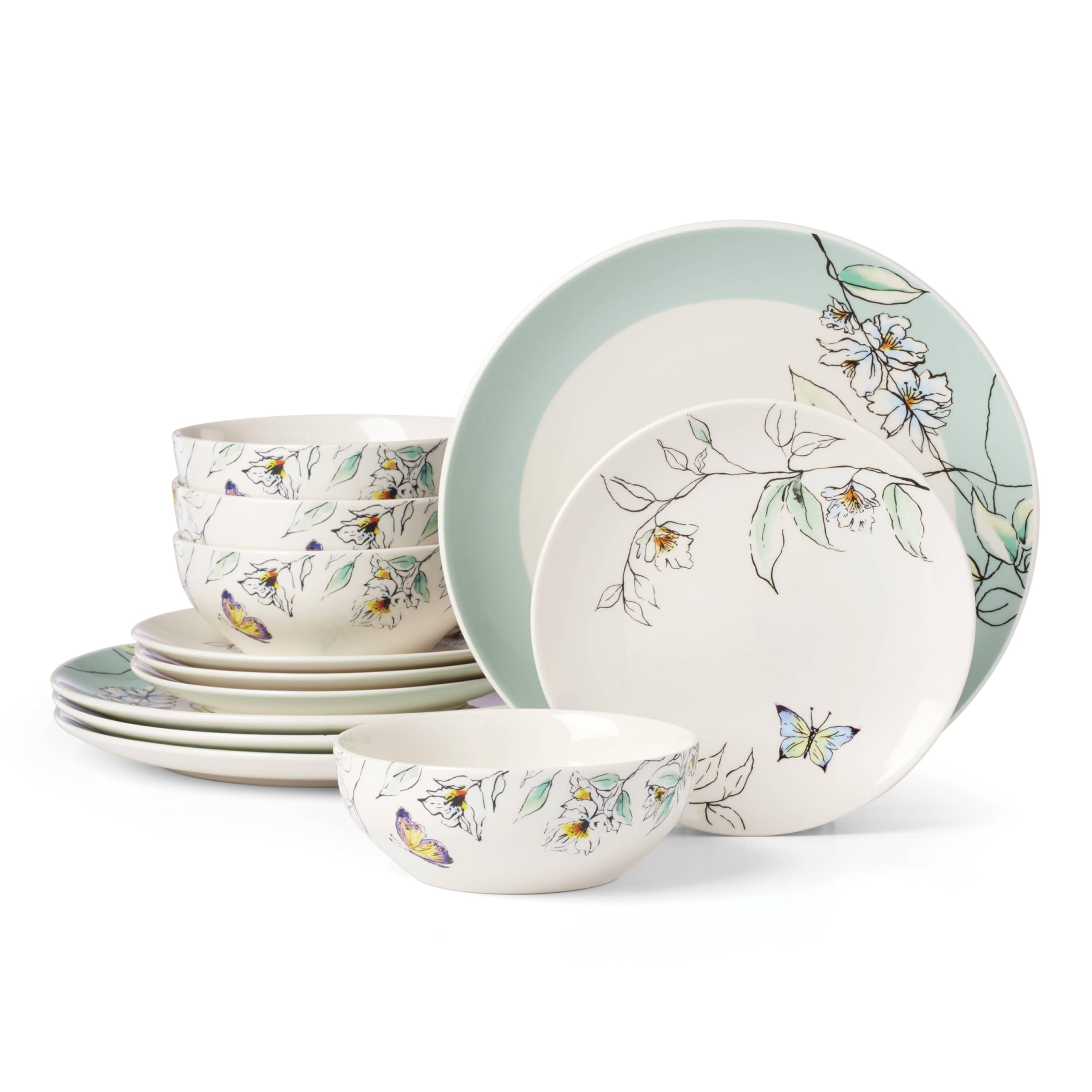 Oneida Dinnerware Set, Botanica 12-Piece Dinnerware Set, Service For 4, Porcelain Material, Dishwasher And Microwave Safe, Bowls
