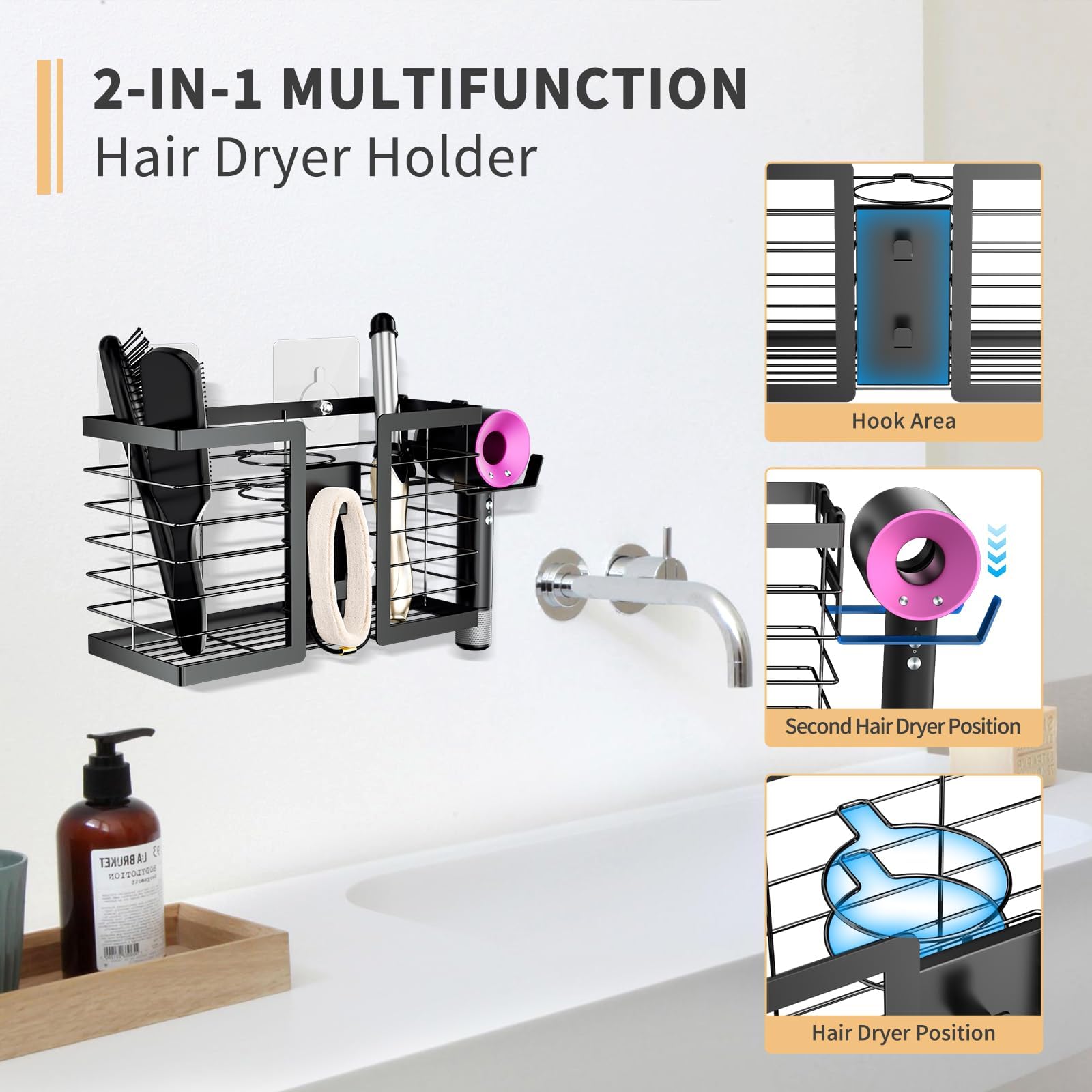 Funkylee Hair Tool Organizer Hair Dryer Holder, 3 In 1 Metal Bathroom Blow Dryer Organizer Wall Mount For Flat Iron, Curling Iro