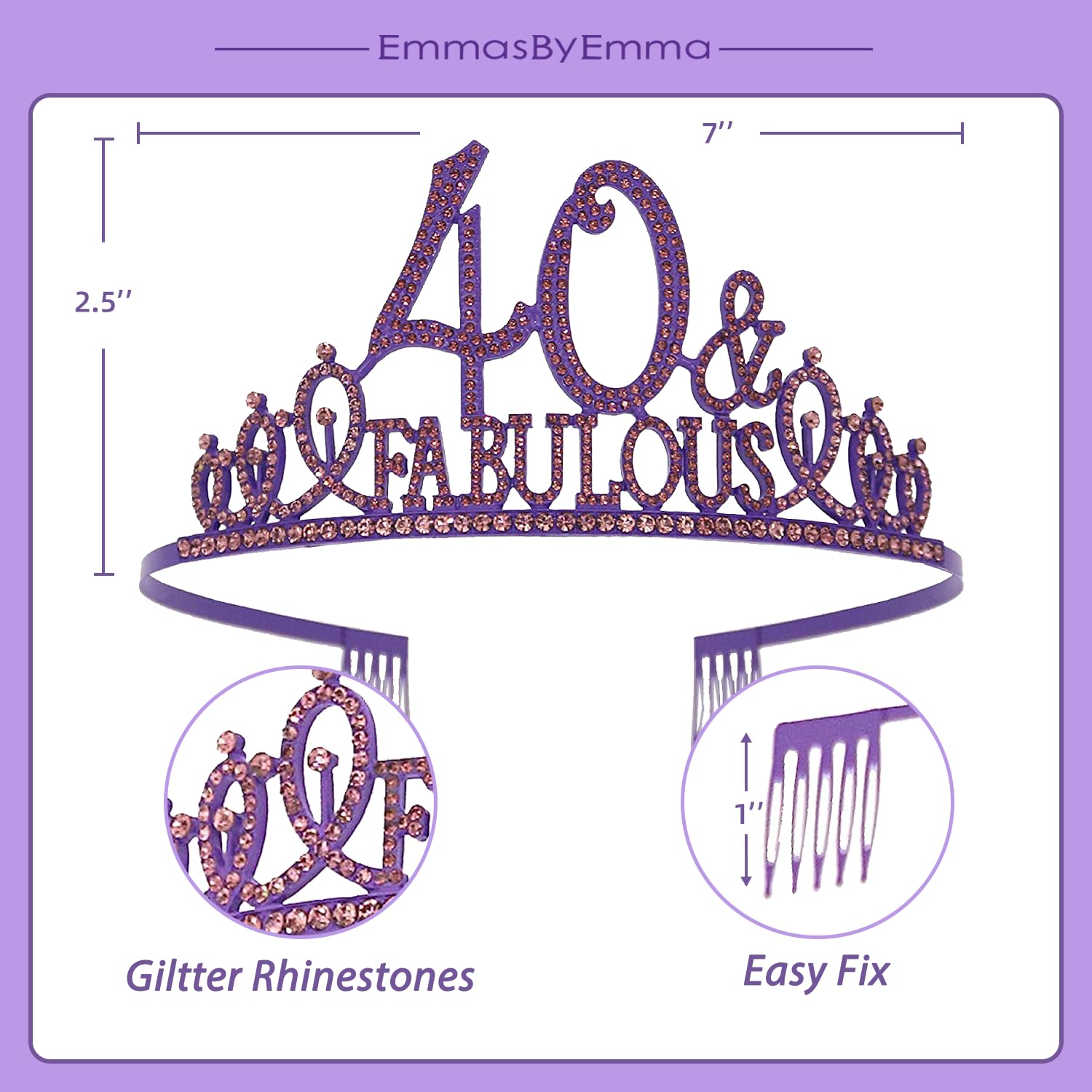 40Th Birthday Sash And Tiara For Women - Fabulous Glitter Sash + Fabulous Rhinestone Purple Premium Metal Tiara For Her, 40Th Bi