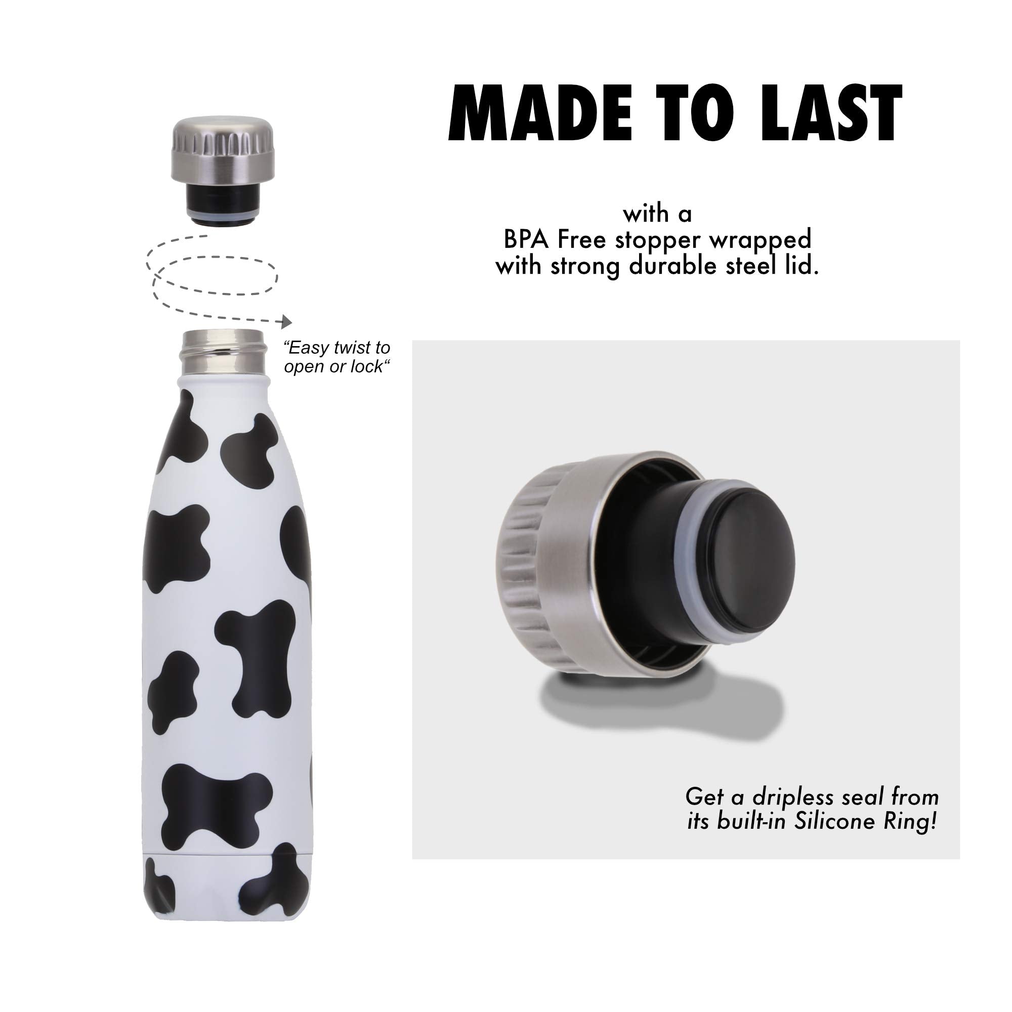 Vastigo Cow Print Sweat-Free Stainless Steel Reusable Water Bottle (17 Oz.) Vacuum Insulated Copper Insulated Double-Wall | Birt