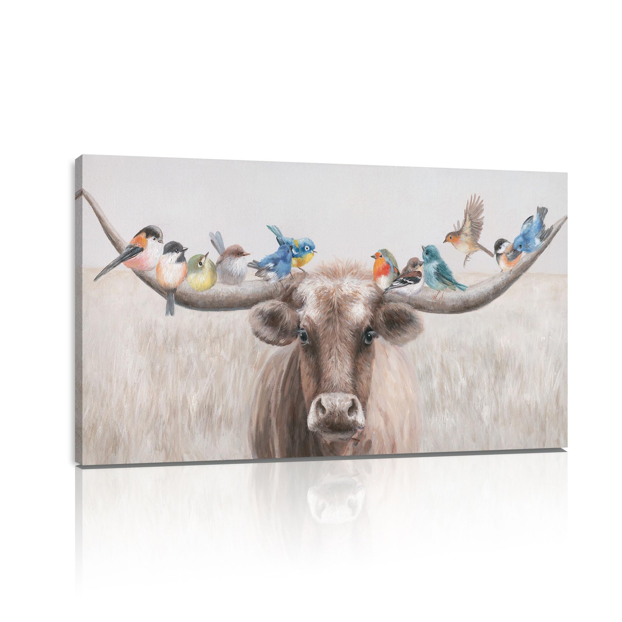 Yelash Living Room Wall Art Longhorn Cow With Birds Farm Canvas Painting For Brown Rustic Country Bathroom Decor 40 X 20