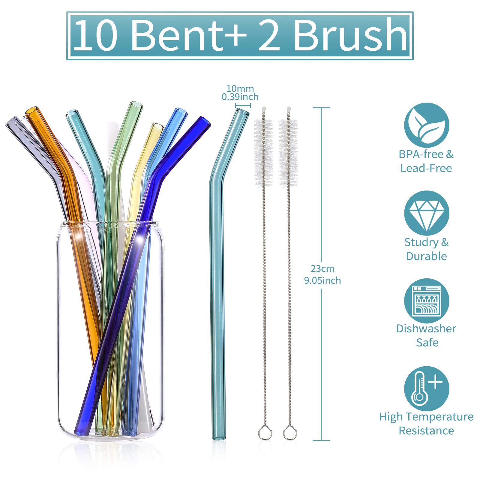 Renyih 10 Pcs Reusable Bent Glass Drinking Straws,9''X10 Mm Colorful Glass Straws For Beverages, Shakes, Milk Tea, Juices,Set Of