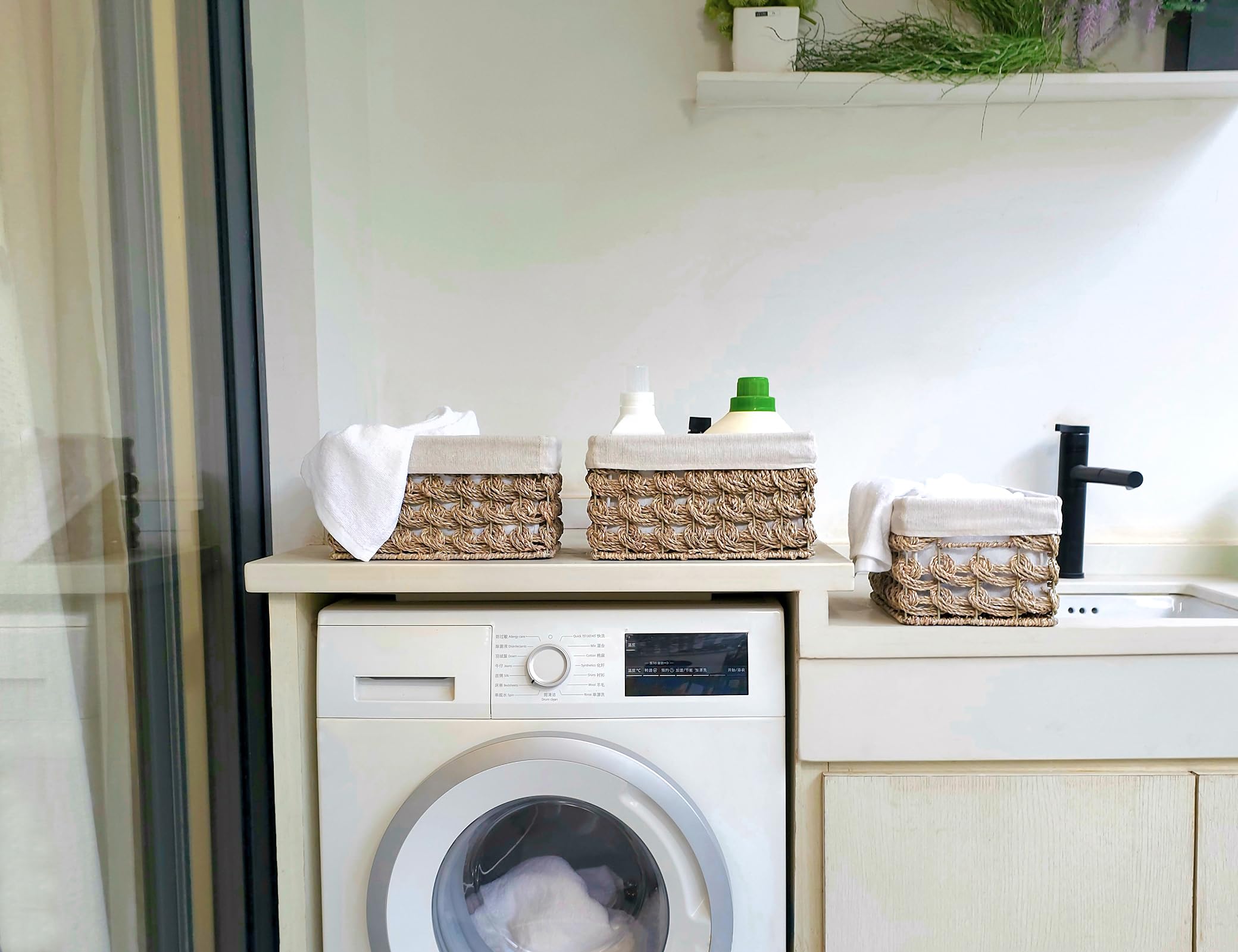 Ellinia Storage Basket With Liner, Wicker Counter Organizing Basket With Built-In Handles, Woven Rectangular Natural Seagrass Bi