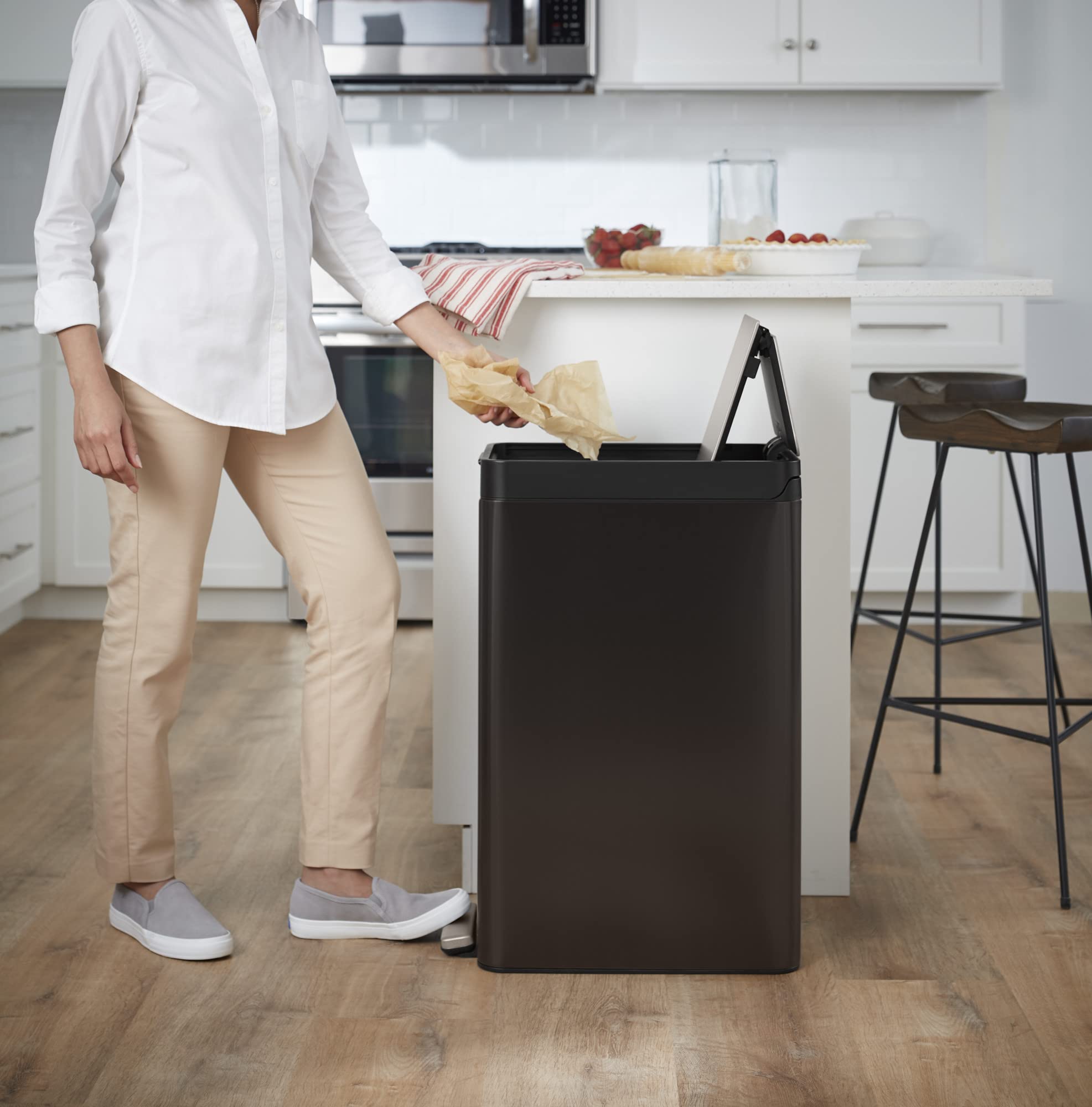 Kohler 23826-Bst 13 Gallon Elongated Kitchen Step Trash Can With Foot Pedal, Soft Close Lid, Black Stainless Steel