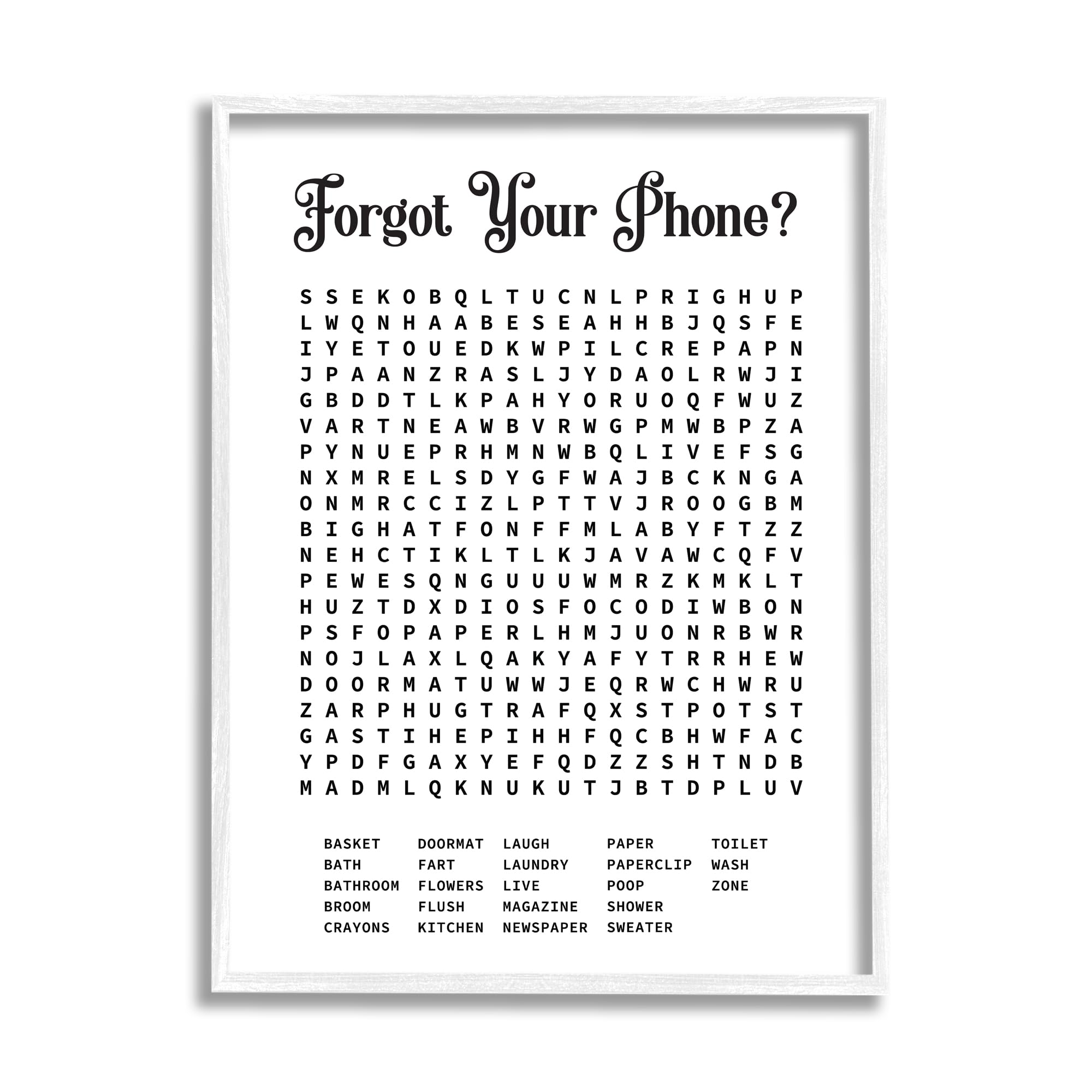Stupell Industries Phone Crossword Puzzle Bathroom Word Design, Framed Giclee Art, White, 24 x 30 Inches, Easy to Hang and Stu