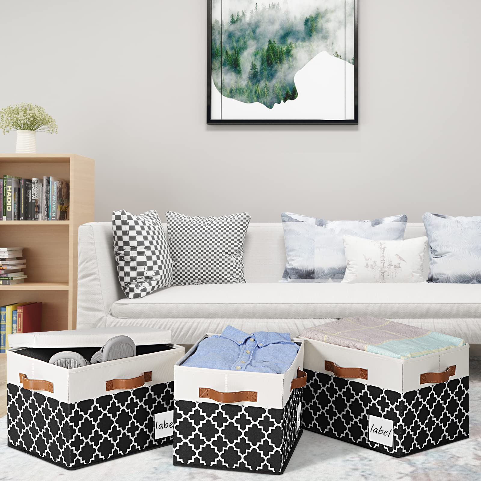 PFFVRP Large Storage Bins with Lids 6-Pack  Foldable Fabric Storage Baskets with Lids 6-Pack  Sturdy Storage Boxes with Labels and 3 PU Handles for Closet Home Bedroom Office (26L  Black Plaid&White)