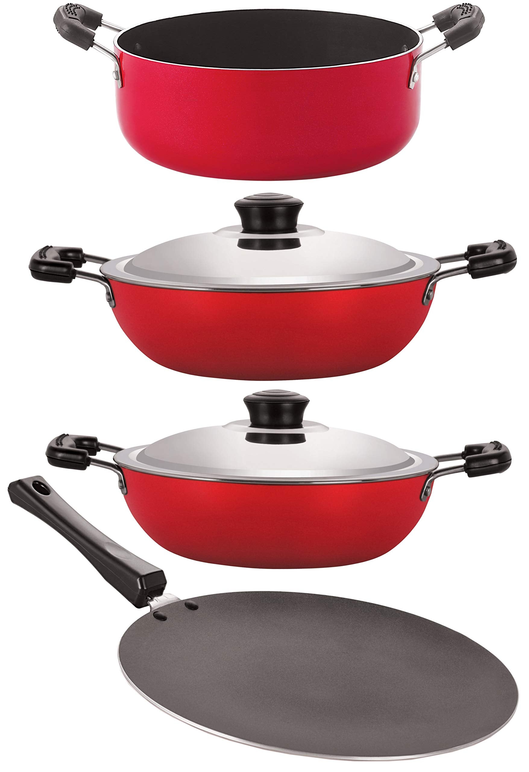 Nirlon Nonstick Cookware 4 Pieces Set Aluminum With Pfoa Free Scratch Resistant Coating, Dishwasher Safe (Ct12_Dkd(M)_Dkd(J)_Cs2