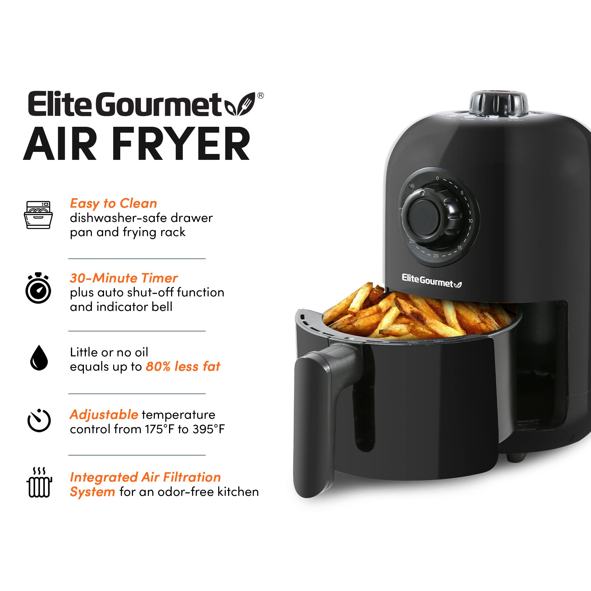 Elite Gourmet EAF-1121X Electric Hot Air Fryer, 1.1 Qt, Black, Oil-Less, Compact, Timer & Temperature Controls, 1000W