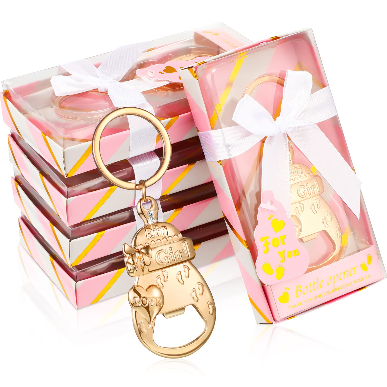 Sieral 24 Pcs Baby Shower Bottle Opener Party Favor for Guest Gold Keychain Gifts Decorations Souvenirs for Girls Boys Baby Birt