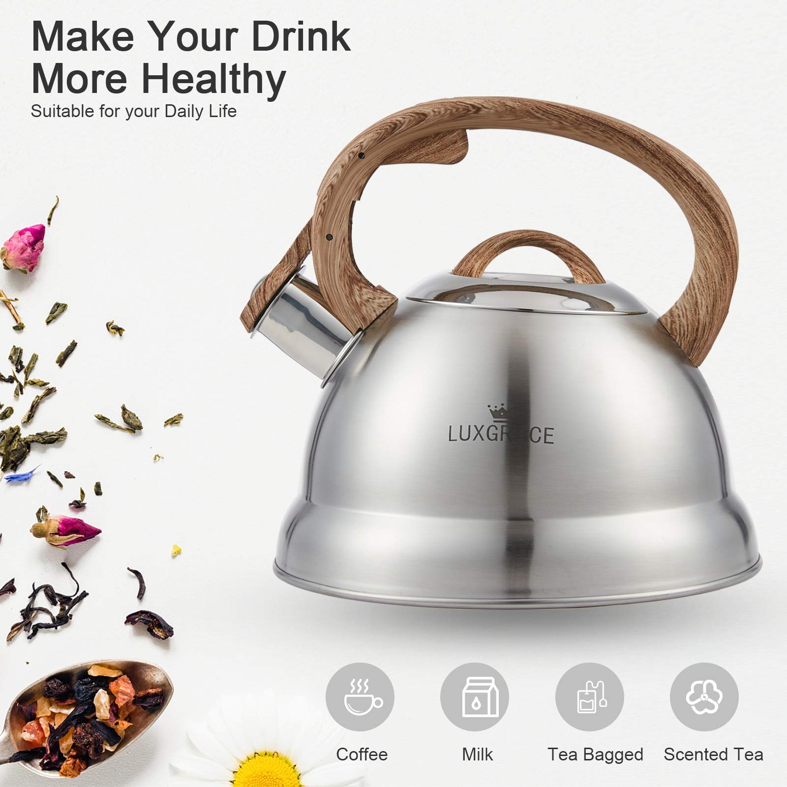 LUXGRACE Stainless Steel Whistling Tea Kettle, 2.3 Qt, Ergonomic Wood Handle, Satin Finish, Model 11268