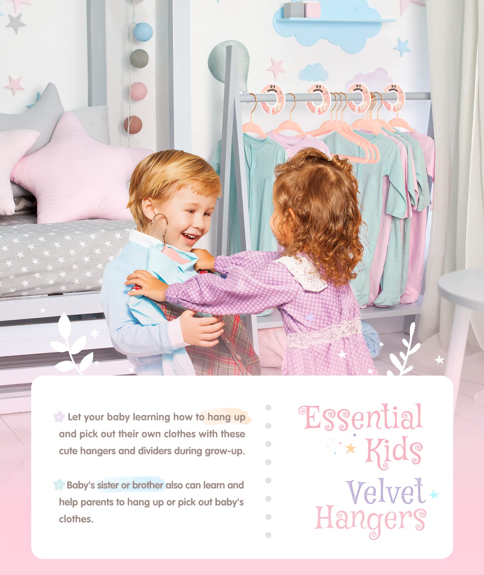 Baby Hangers, Vis'V 11 Inch Pink Velvet Kids Hangers With 6 Pcs Size Dividers Non Slip Nursery Children Closet Clothes Hangers F