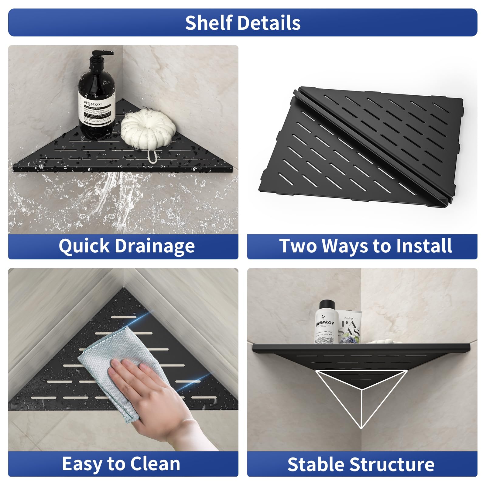 Bernkot Corner Shower Shelf, 12'' Matte Black 304 Stainless Steel Slot Design Recessed Corner Shelves 2 Pack Bathroom Shelf Rack