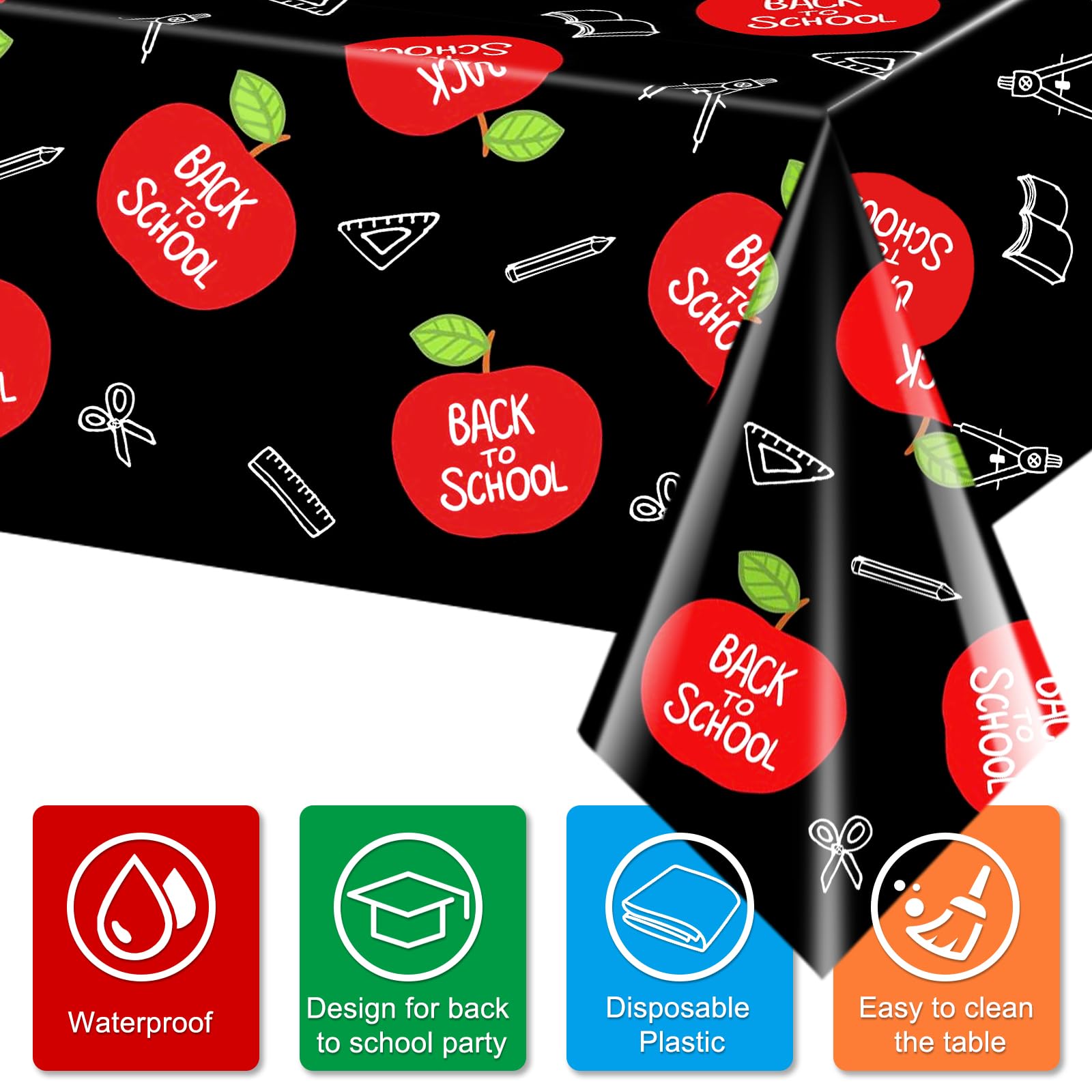 Whaline 3Pcs Welcome Back To School Party Tablecloth 54X108 Inch Waterproof Table Cover Red Apples Pencils Books Plastic Table C