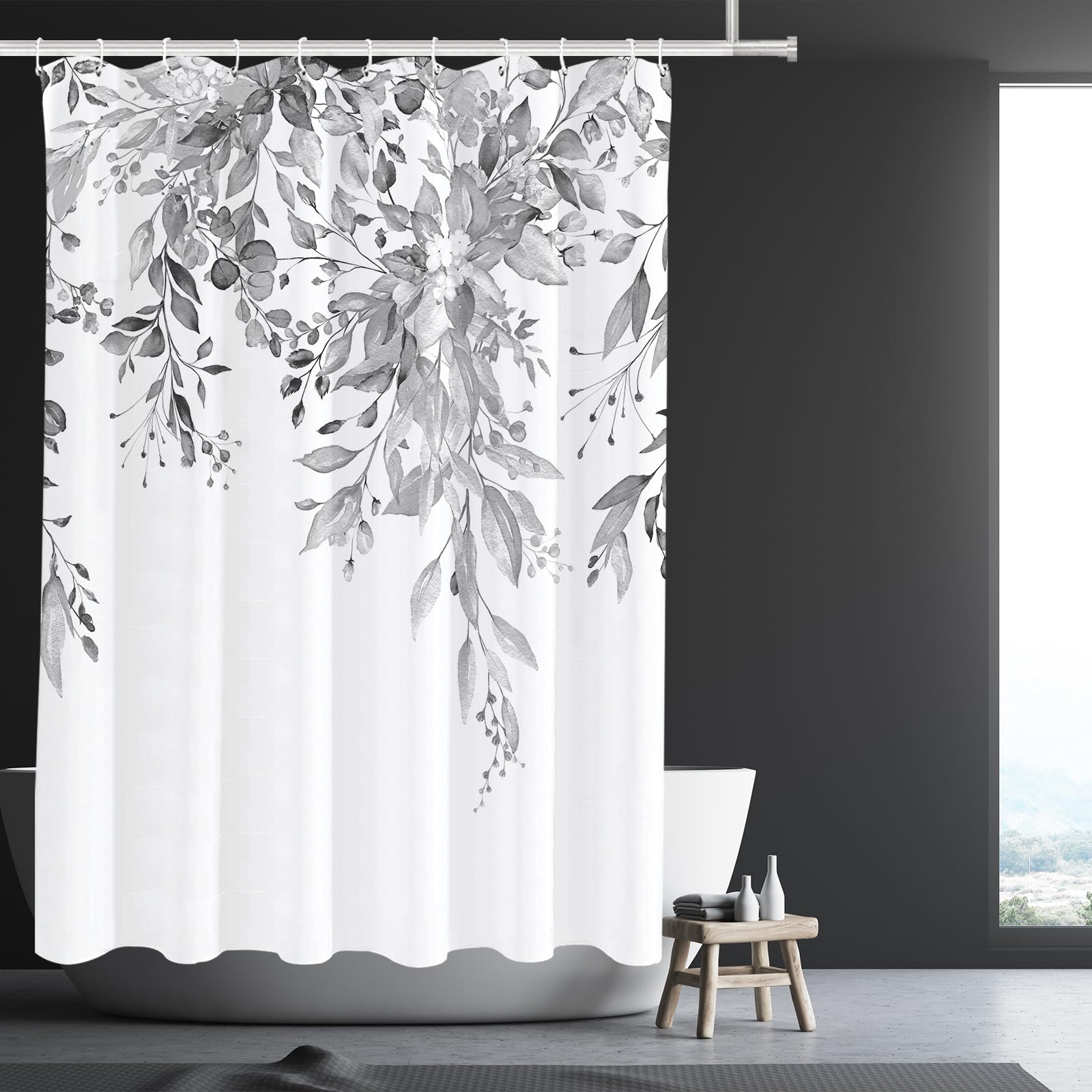 Tititex Light Grey Eucalyptus Shower Curtain Sets, Watercolor Gray Leaves On The Top Plant With Floral Bathroom Decoration 60X72