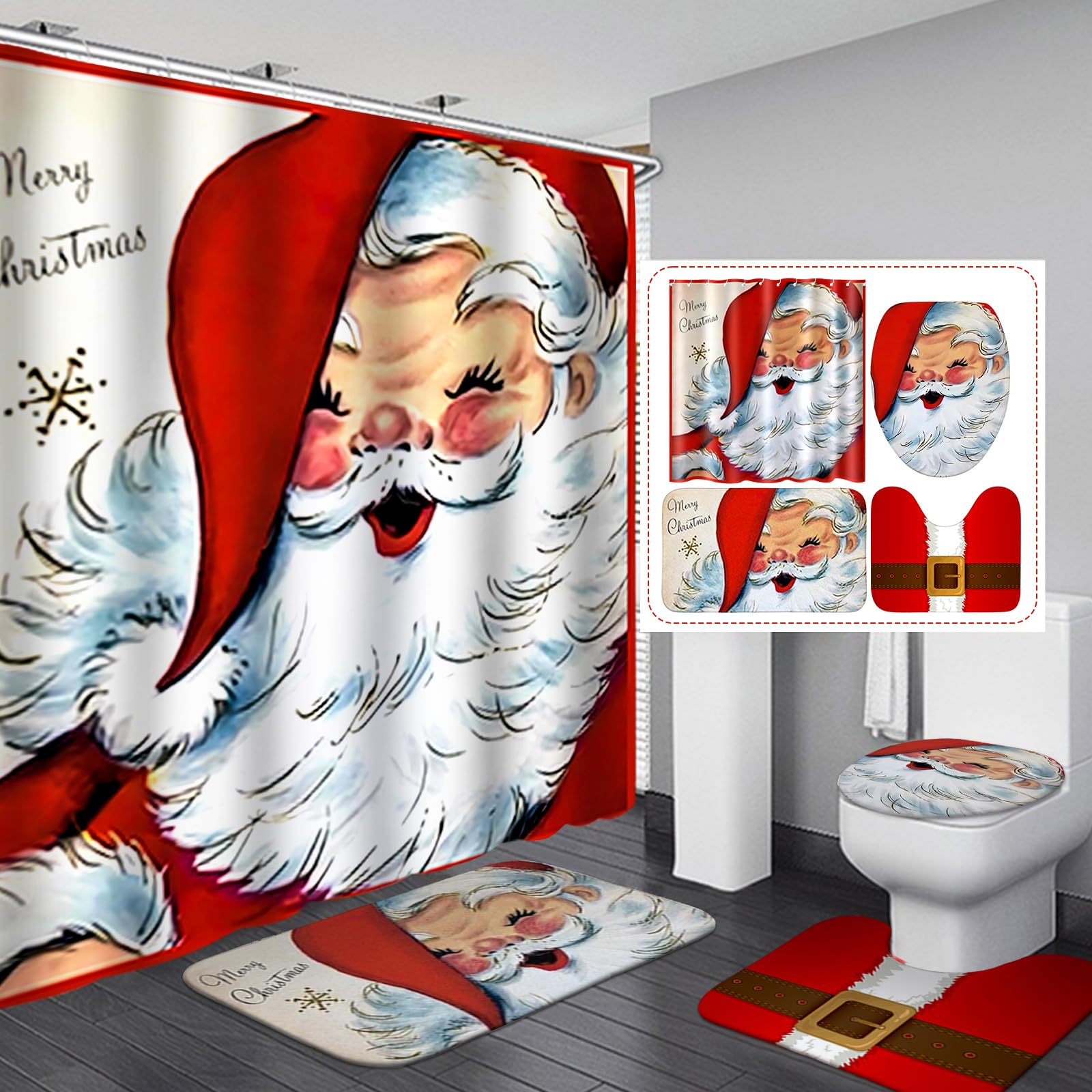 Drydiet 4 Pcs Vintage Christmas Shower Curtain Sets 71 X 71 Non Slip Rugs Toilet Lid Cover Bath Mat And 12 Hooks Santa Claus Hol