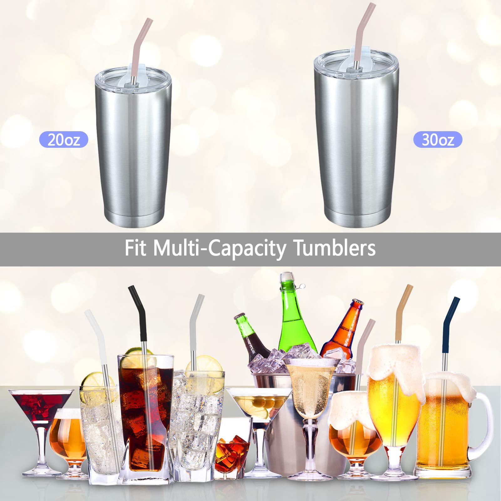 Tronco Set Of 6 Stainless Steel Reusable Metal Straws With Silicone Flex Tips Elbows Cover, Metal Drinking Straws For Tronco Tum