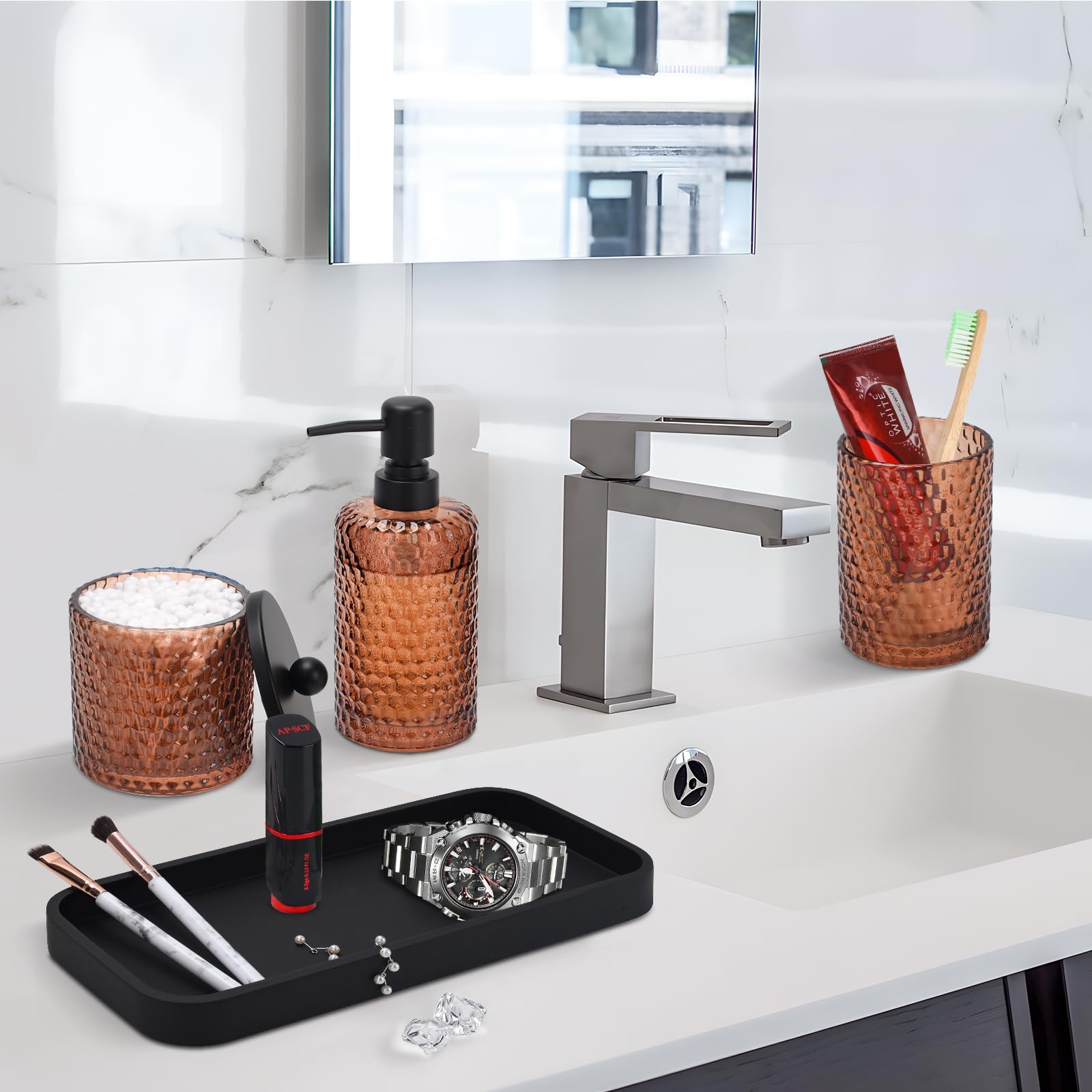 Bathroom Accessories Set,4 Pcs Amber Glass Bathroom Accessories Sets-Lotion Soap Dispenser,Toothbrush Holder,Qtip Holder Dispens