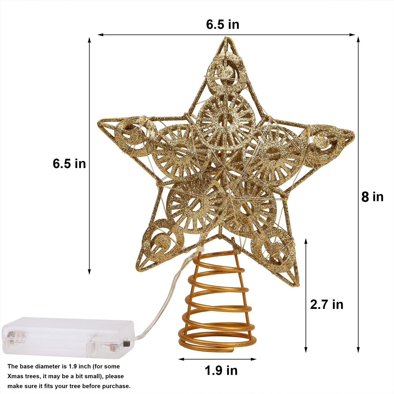Juegoal Star Tree Topper - Golden Lighted Treetop Ornament with 20 LED Lights, 6.5 x 6.5 Inches, Battery Powered Christmas Decor