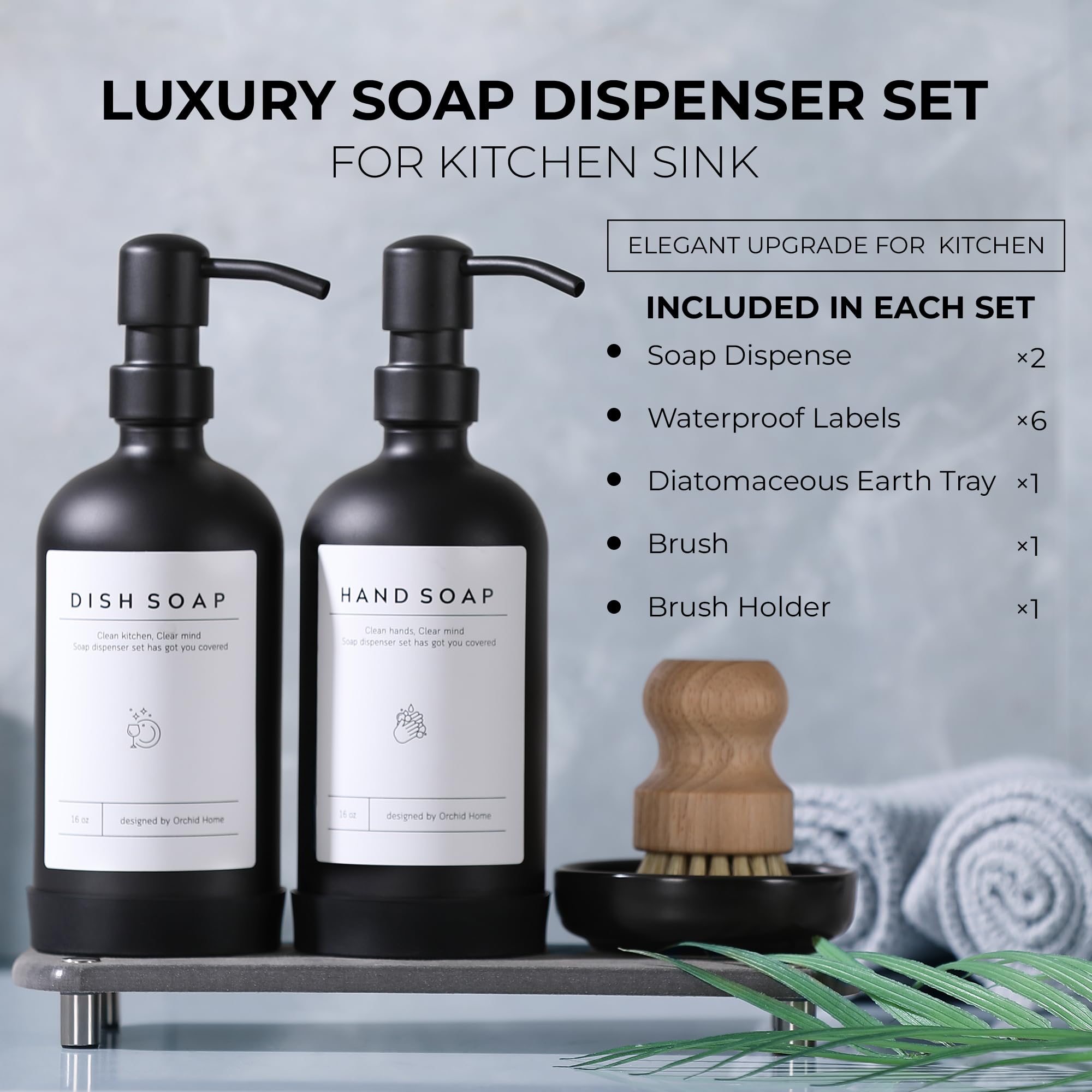 [Luxury] Kitchen Soap Dispenser Set - 16Oz Black Glass Bottle, Stainless Steel Pump, Instant Dry Tray, Waterproof Labels, Non-Sl