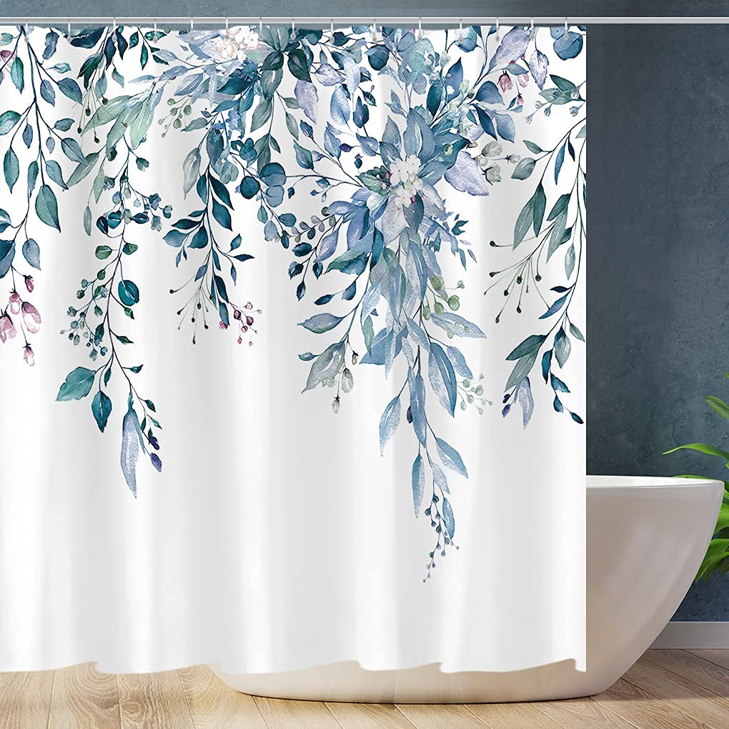 Tititex Blue Eucalyptus Leaves Shower Curtain, Watercolor Leaves On The Top Plant With Floral Bathroom Decoration Shower Curtain
