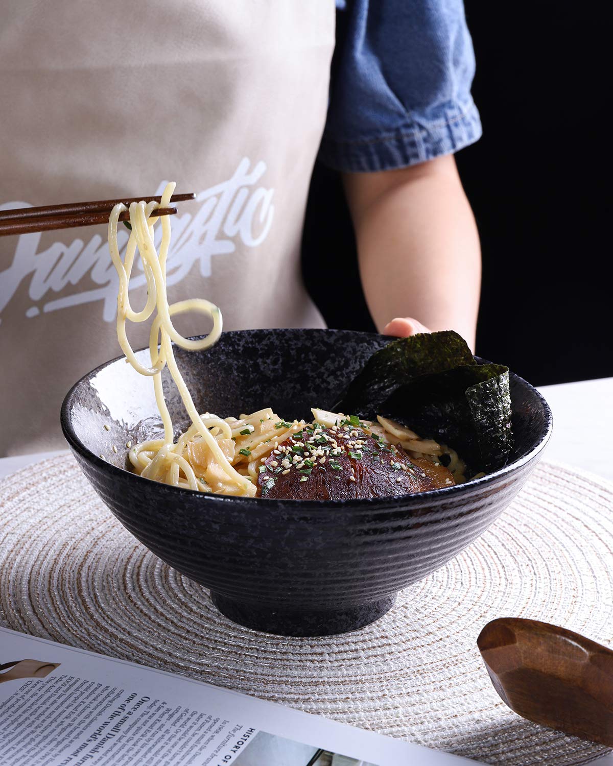 Kanwone Ceramic Japanese Ramen Bowl Set, Noodle Soup Bowls - 37 Ounce, With Matching Spoons And Chopsticks For Udon Soba Pho Asi