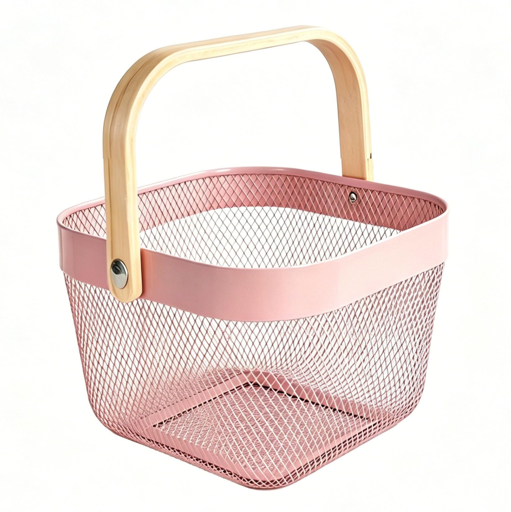 AJIODA Metal Mesh Wire Basket, Small Steel Basket with Wooden Handle Storage Organizer Basket Multifunctional Hanging Kitchen B
