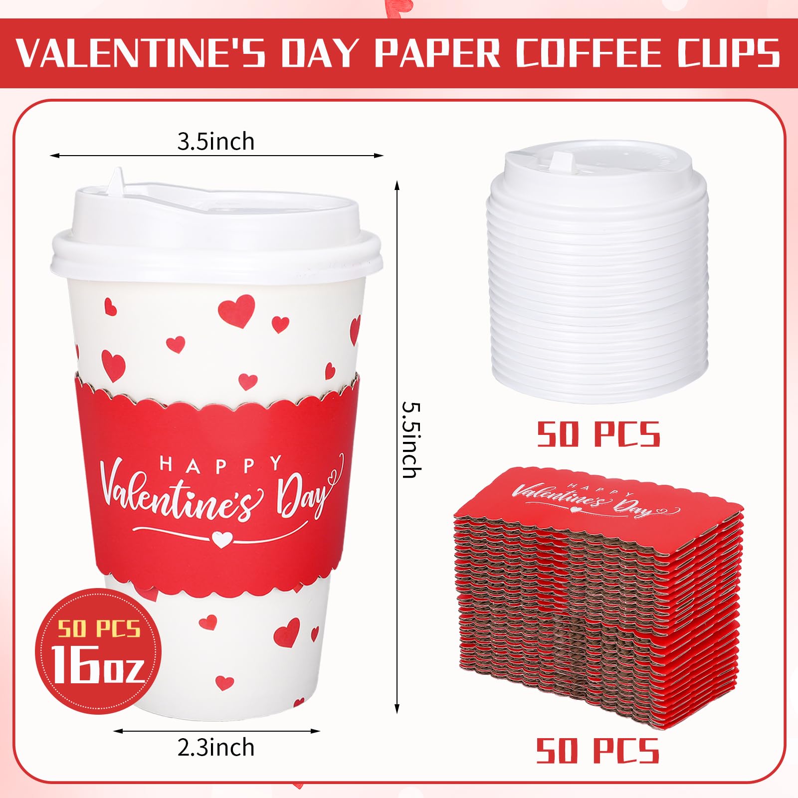 Whaline 50Pcs Valentine'S Day Disposable Coffee Cups With Lids And Sleeves Red Mini Love Heart Paper Drinking Cups For Wedding A