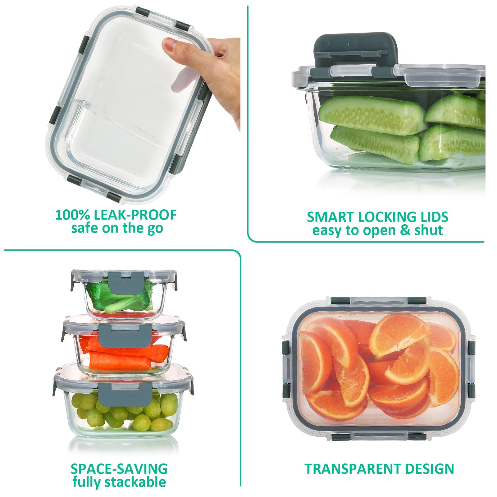 KOMUEE 24 Pieces Glass Food Storage Containers Set Glass Meal Prep Set with Lids-Stackable Airtight lids BPA Free Freezer to Oven Safe Gray