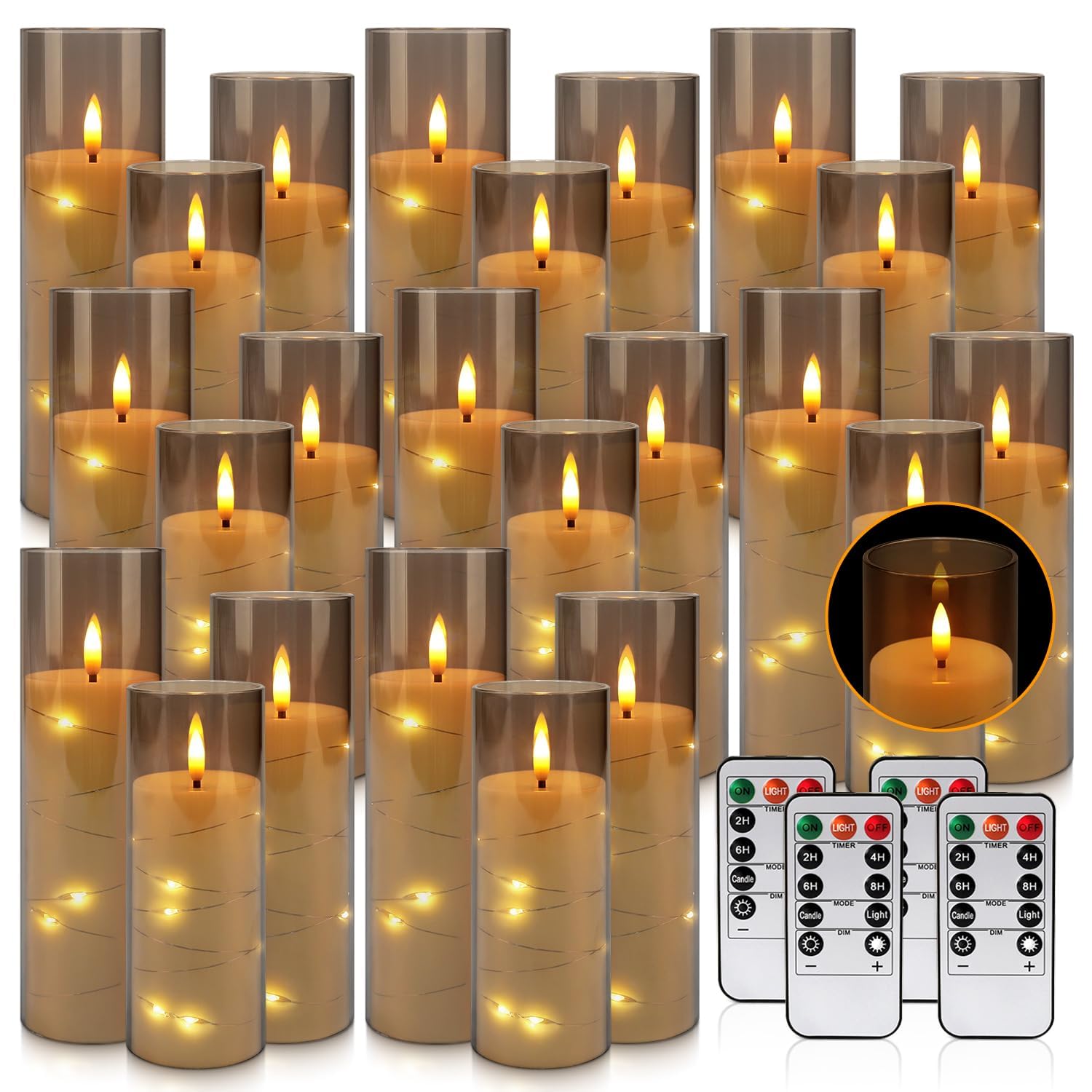 24-Pack Gray Flameless Candles with Remote, Battery Powered LED Candles with Embedded Star String Lights & Realistic Flickering 
