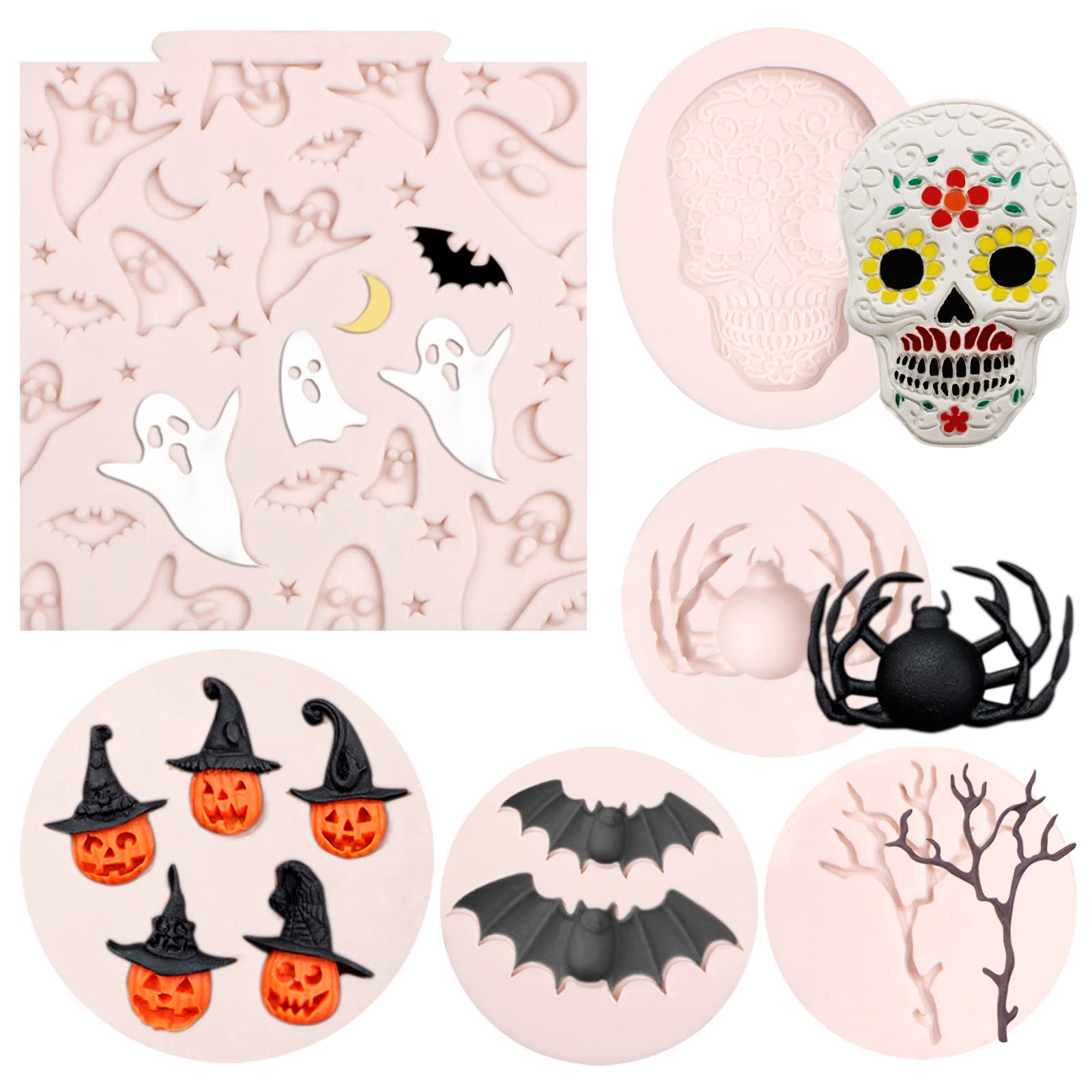 Halloween Bat Silicone Molds 6 Pcs, Pumpkin Spider Ghost Fondant Mold Skull Twigs Cake Mold For Chocolate Cake Decoration Candy