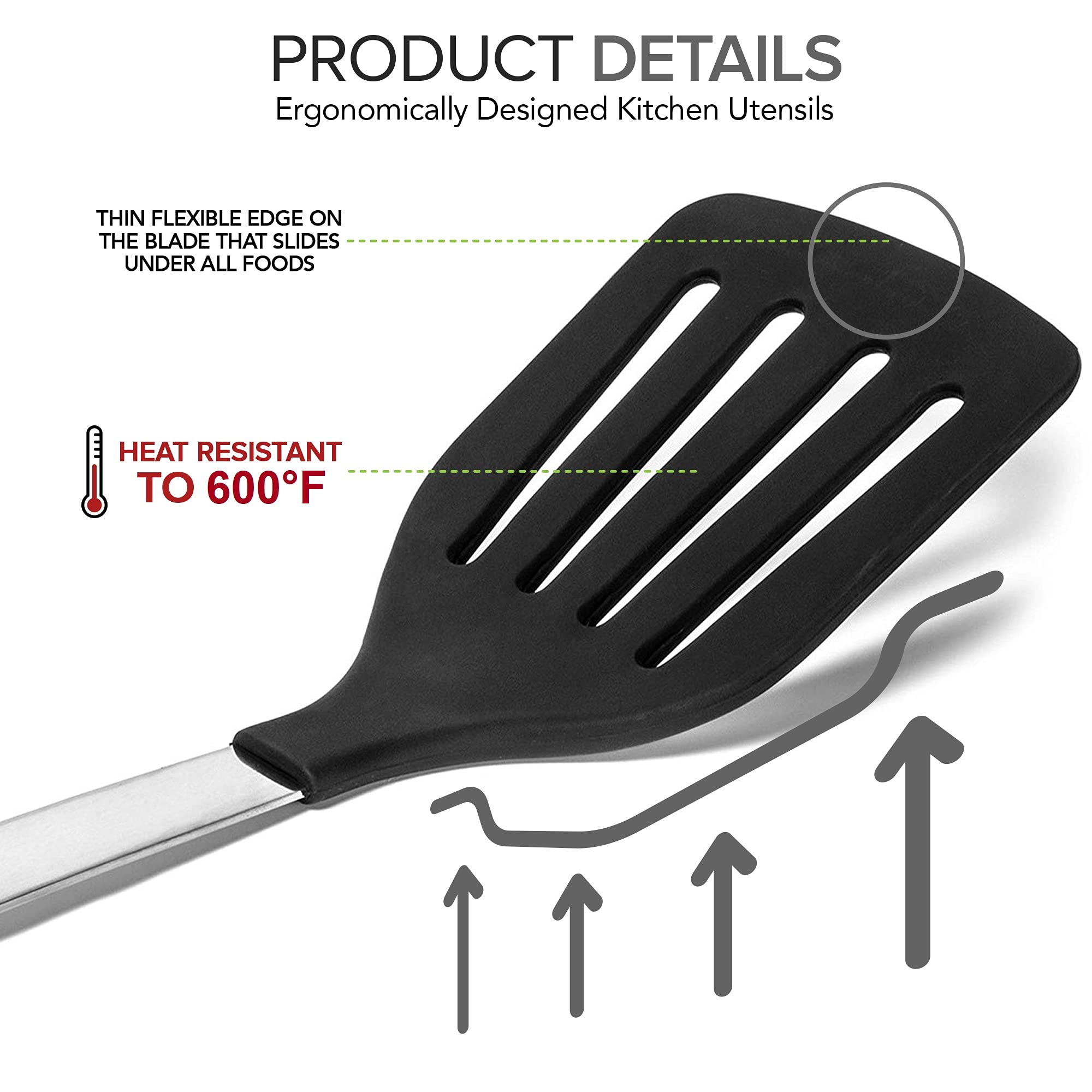Daily Kitchen Spatulas Heat Resistant Silicone And Stainless Steel - Tongs And Turners With Rubber Grip - Flexible Silicone Spat