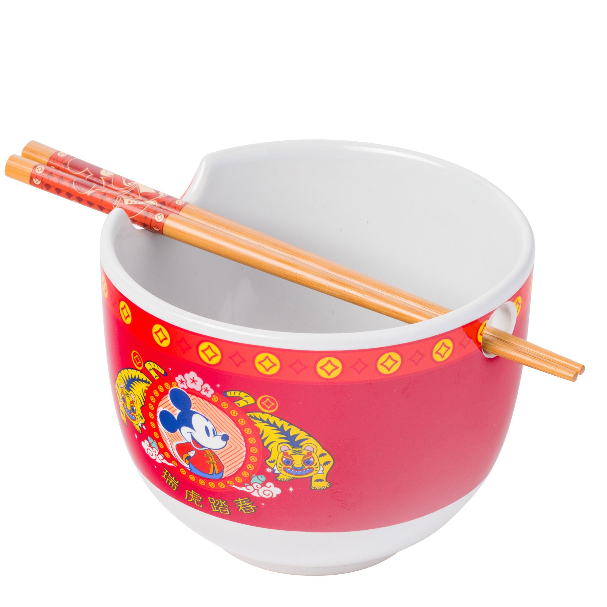 Silver Buffalo Disney Mickey Mouse Lunar Chinese New Year Tiger Ceramic Ramen Noodle Rice Bowl with Chopsticks  Microwave Safe  20 Ounces