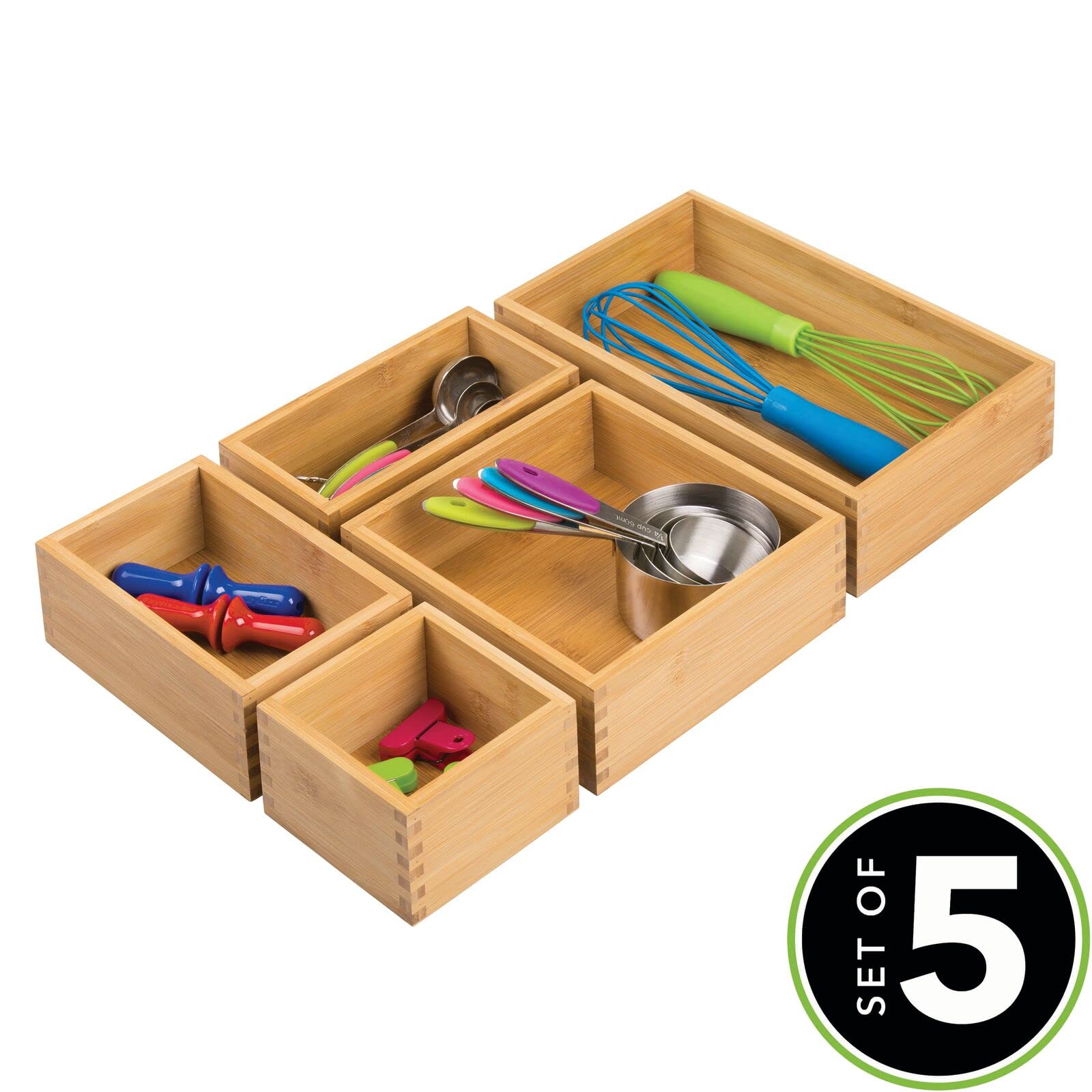 mDesign Bamboo Wood Kitchen Cabinet Drawer Organizer Tray Bins - Multipurpose - Use in Drawers  on Countertops  Shelves or in Pantry - Varied Sizes - Echo Collection - Set of 5 - Natural