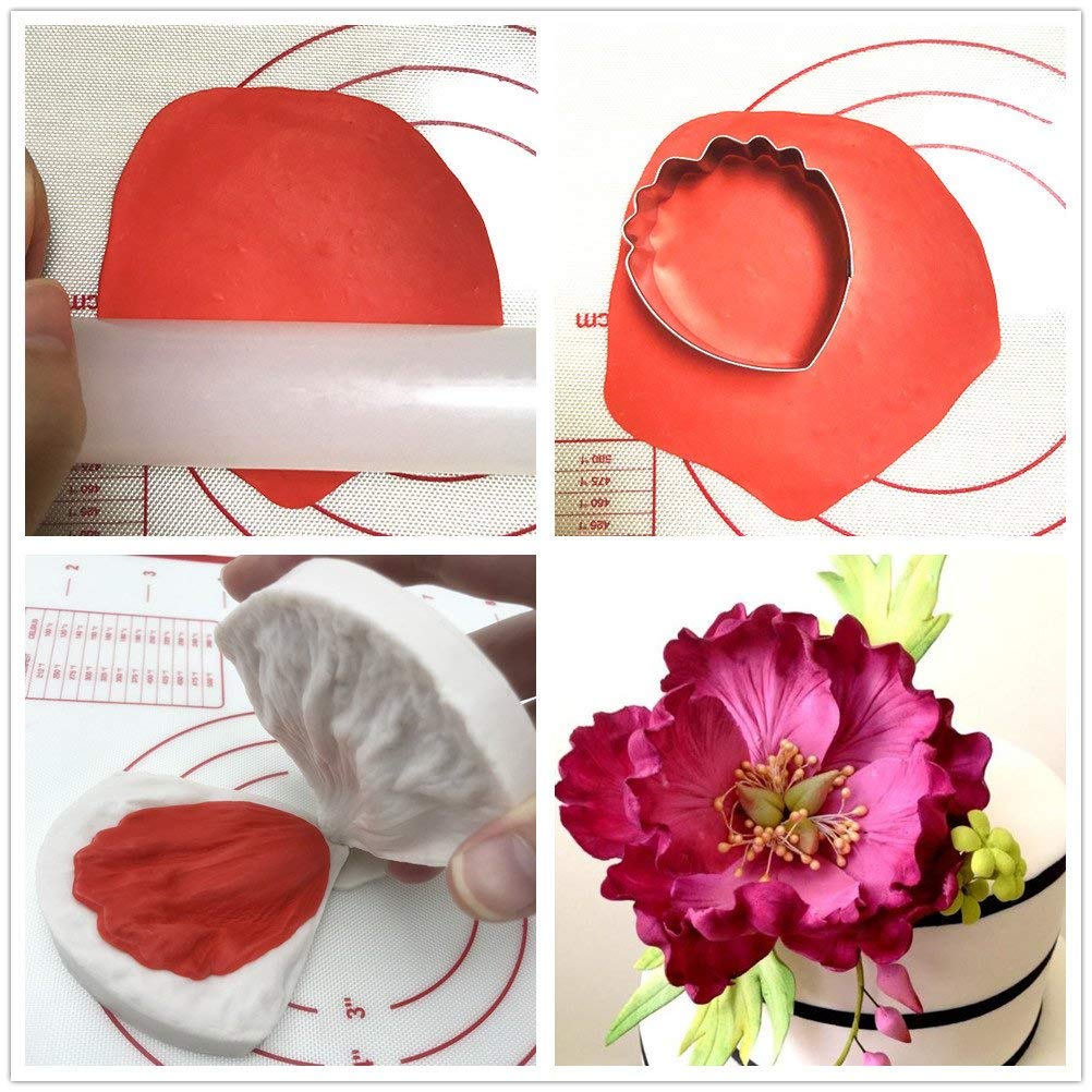 4Pcs Gumpaste Flower Cutter Set 2Pcs Fondant Silicone Mold Gumpaste Peony Sugarcraft Fondant Flower Veining Mold Chocolate Makin