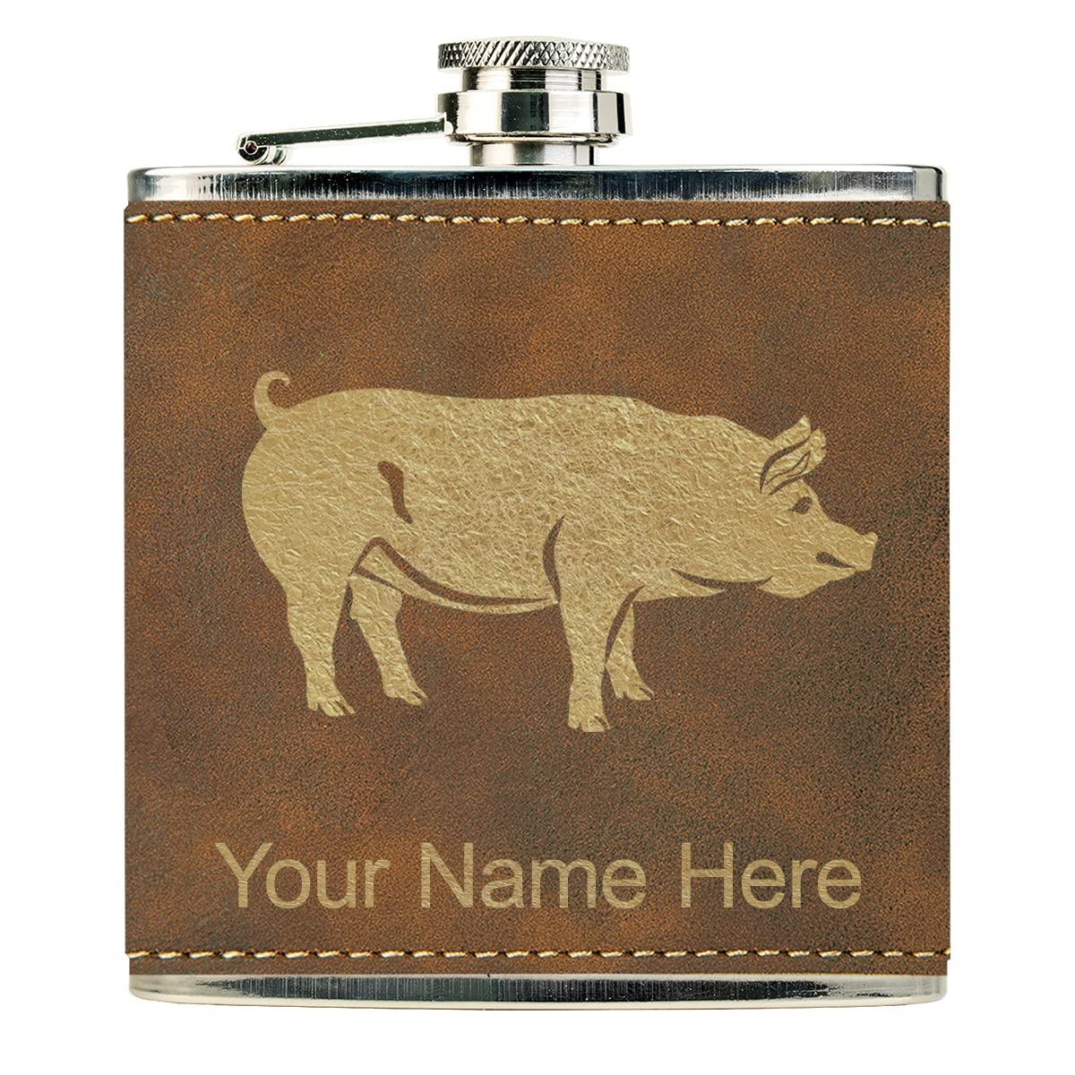 Faux Leather Flask, Pig, Personalized Engraving Included (Rustic)