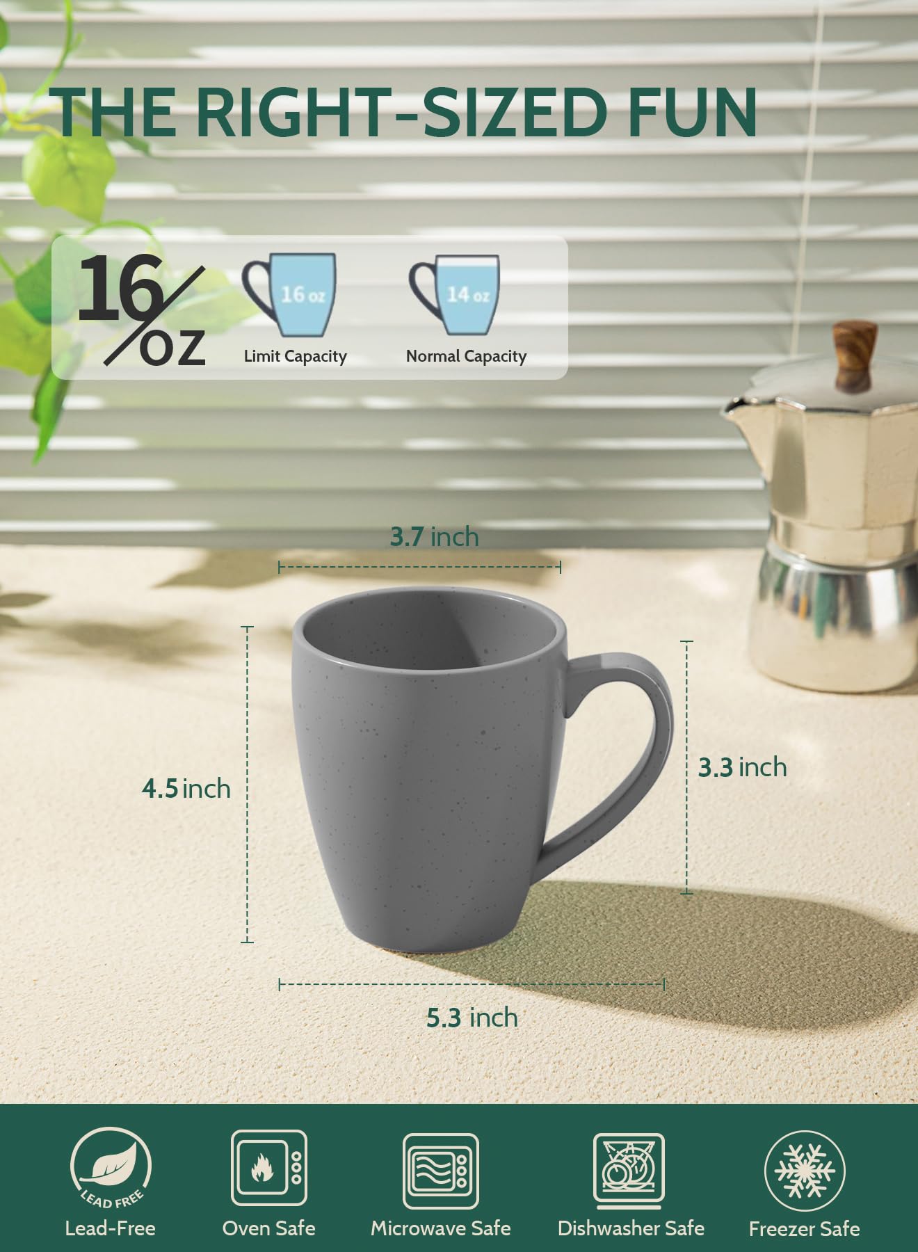 Sweese Porcelain Coffee Mugs - 16 Ounce (Top To The Rim) For Coffee, Tea, Cocoa, Set Of 4, Neutral Colors