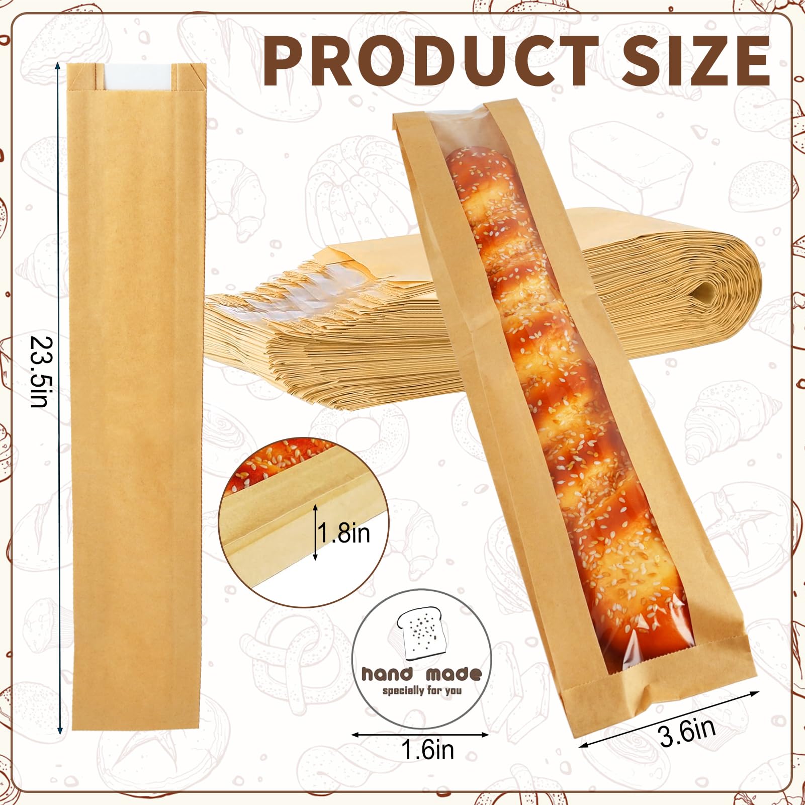 Pakiper 50 Pack Cookie Packaging Bread Bags,Baguette Bags For Bread,Kraft Paper Bread Bags With Front Window, For Homemade Bread
