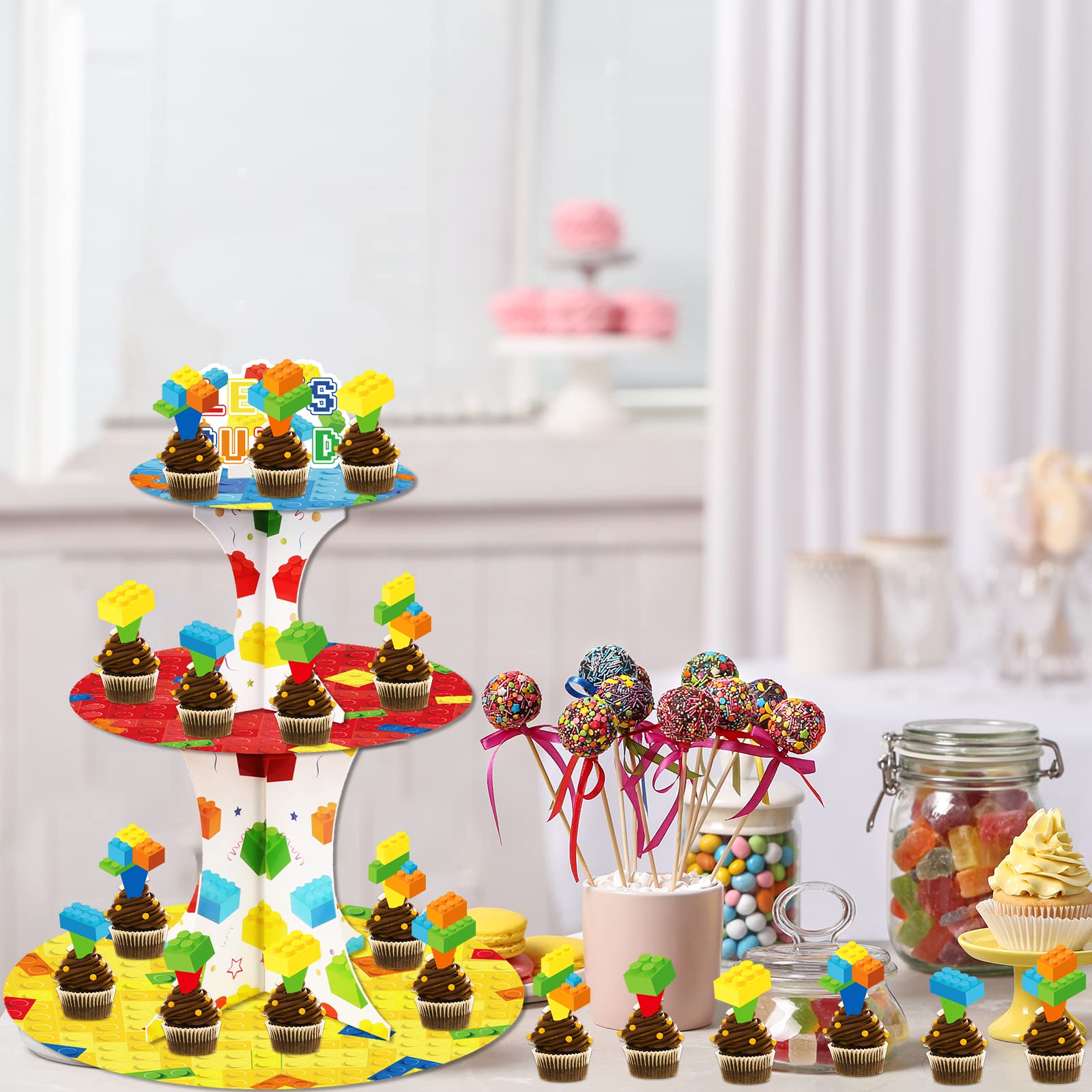 Building Block Cupcake Stand With 24Pcs Cupcake Toppers For Blocks Birthday Party Decorations 3 Tire Brick Themed Cupcake Desser