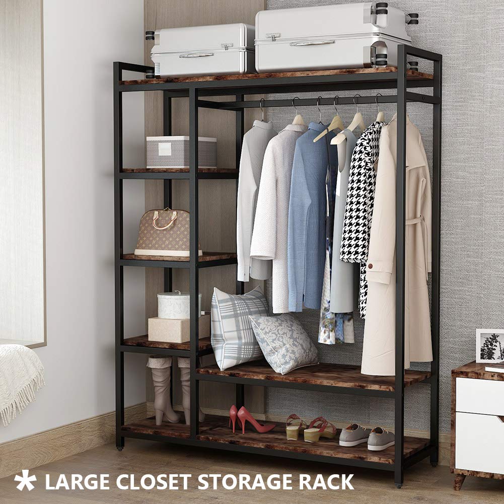 Little Tree Free-Standing Closet Organizer, Heavy Duty Clothes Closet, Portable Garment Rack With 6 Shelves And Hanging Rod, Bla