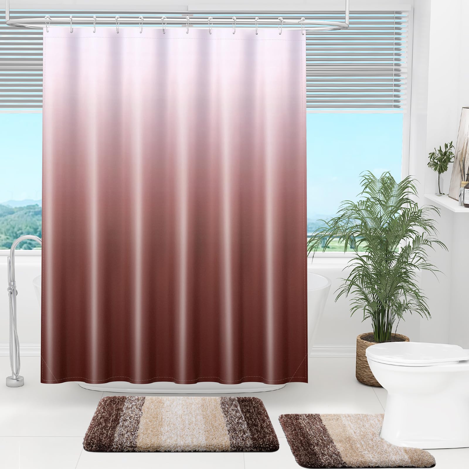 Olanly Luxury Shower Curtain, Brown Ombre Shower Curtain Sets With 12 Shower Curtain Hooks, Waterproof & Washable Brown And Whit